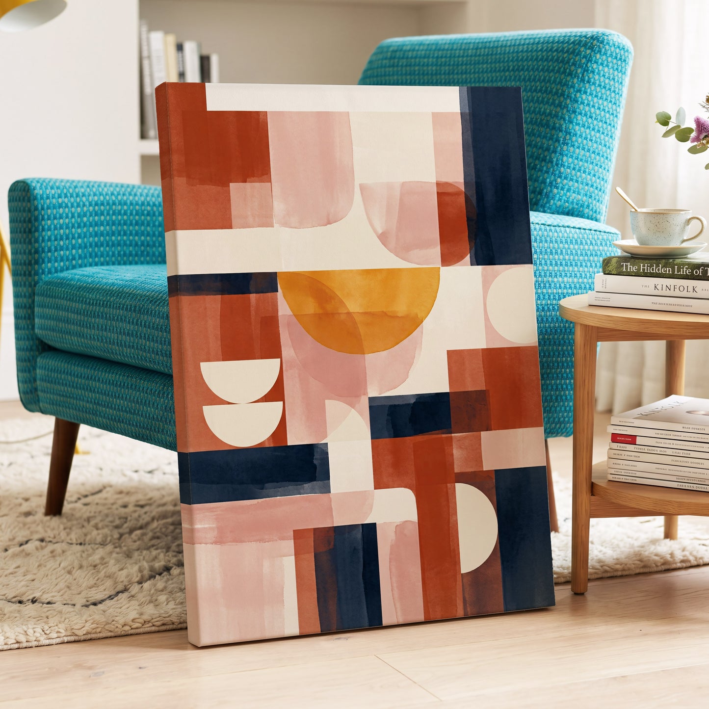Terracotta Rhythm, orange, pink, blue abstract wall art on canvas displayed in a styled interior, gallery view 2