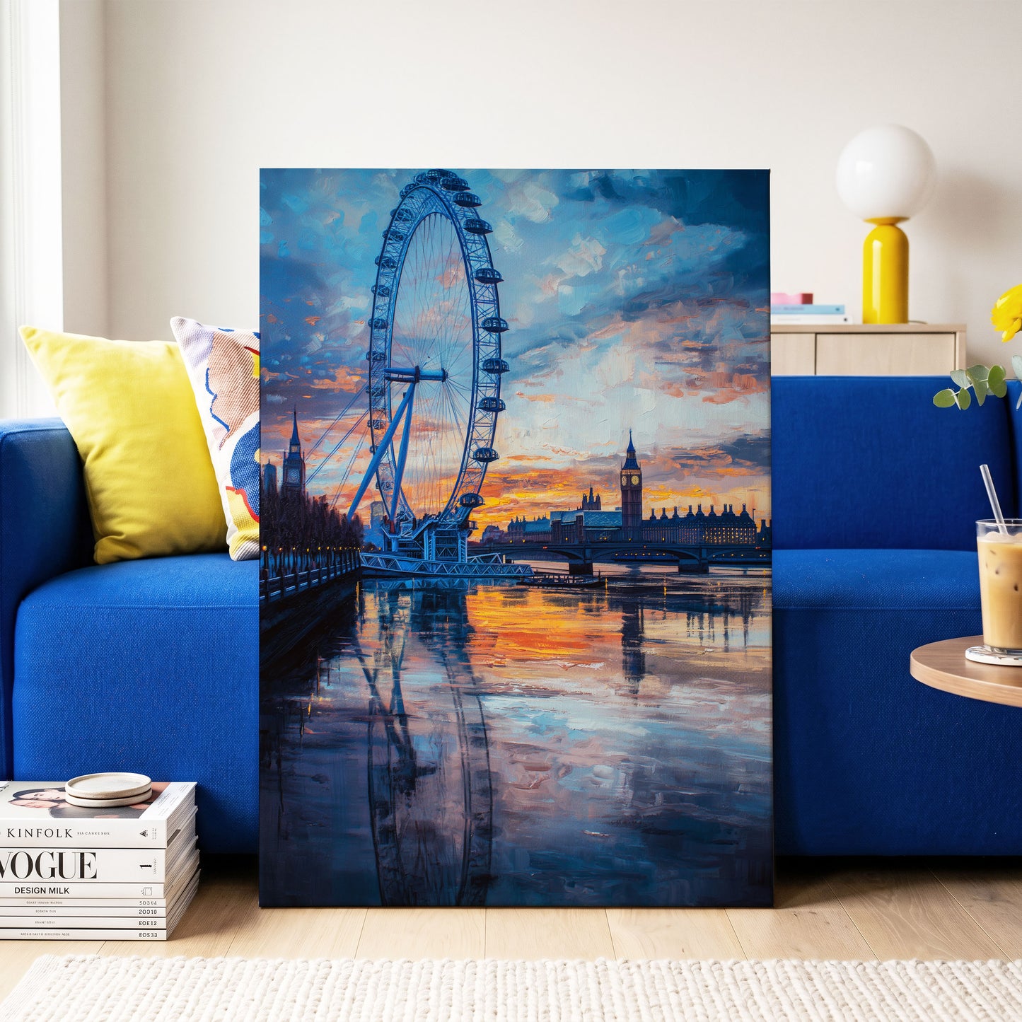 Thames at Golden Hour, blue, orange, gray abstract wall art on canvas displayed in a styled interior, gallery view 2