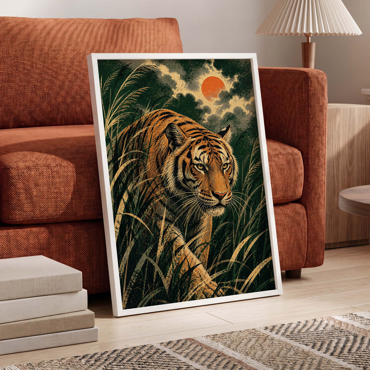 The Amber Prowler, green, orange, black nature wall art displayed in a styled interior, gallery view 9