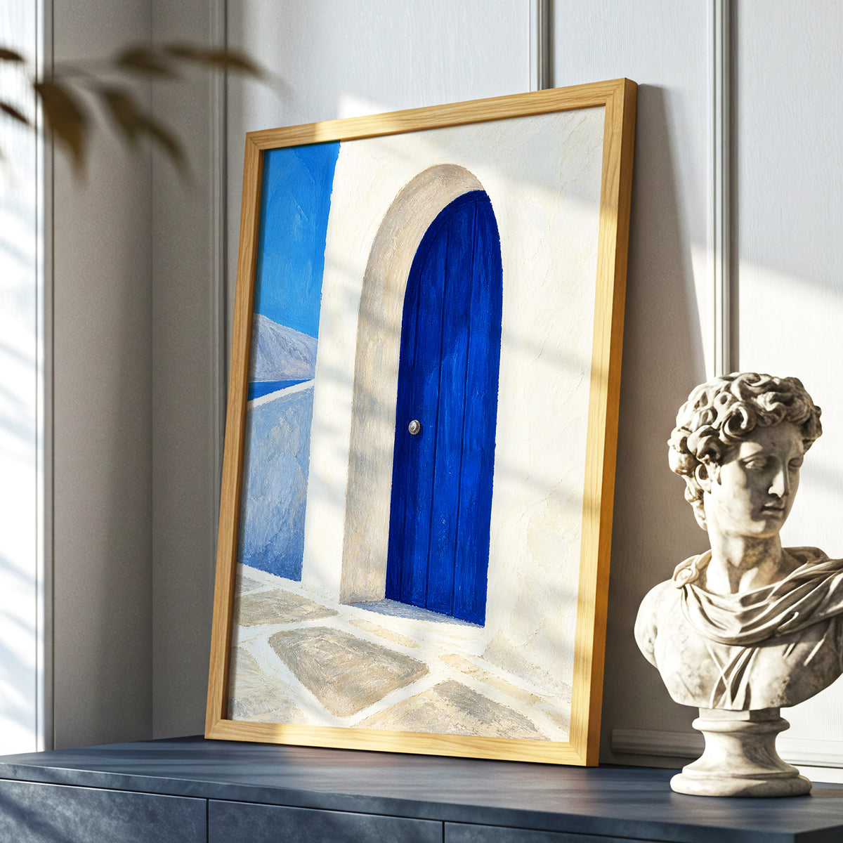 The Cobalt Archway, blue, white, beige minimalist wall art displayed in a styled interior, gallery view 9