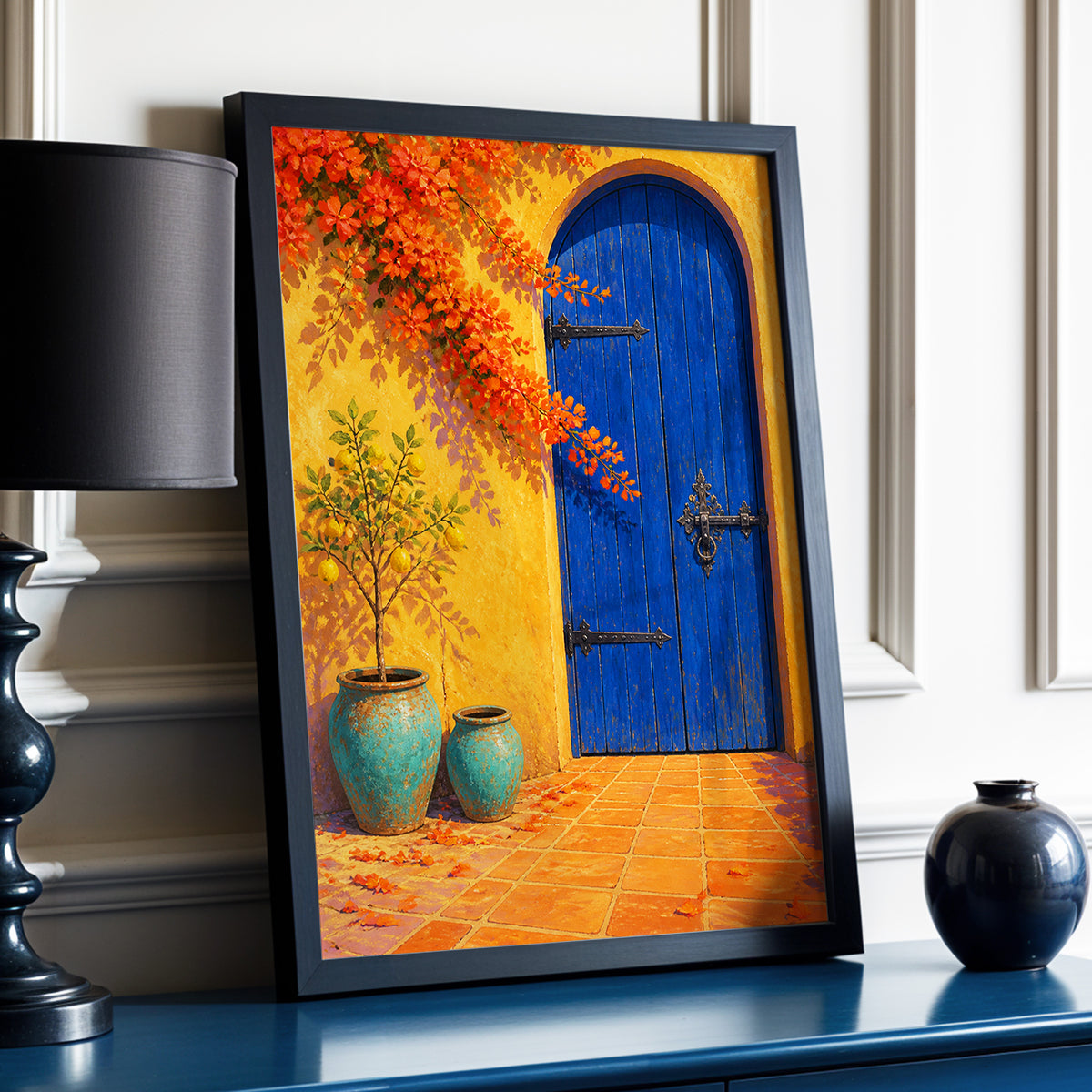 The Cobalt Courtyard, blue, orange, yellow abstract wall art displayed in a styled interior, gallery view 9