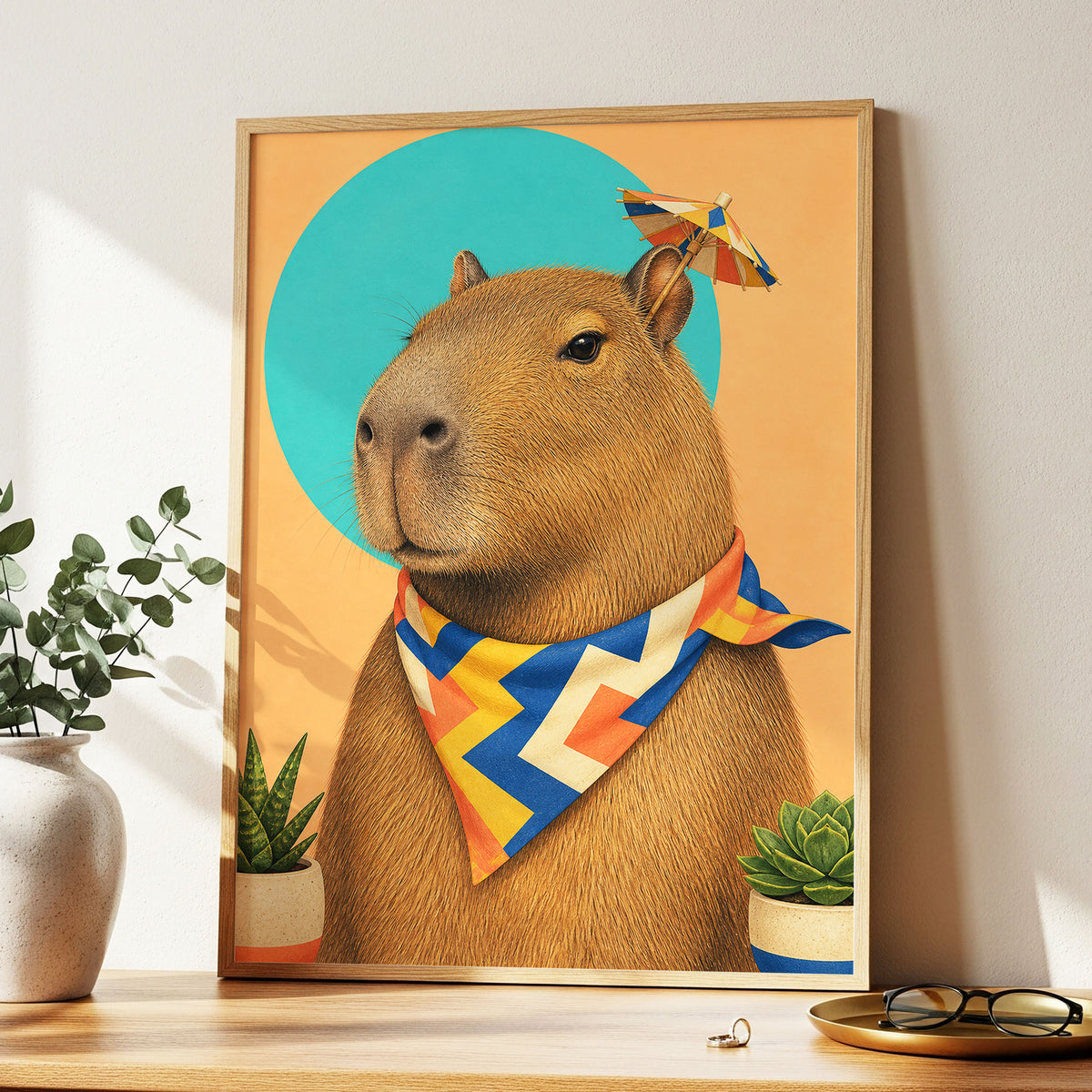 The Dapper Capybara, brown, orange, blue nature wall art displayed in a styled interior, gallery view 9
