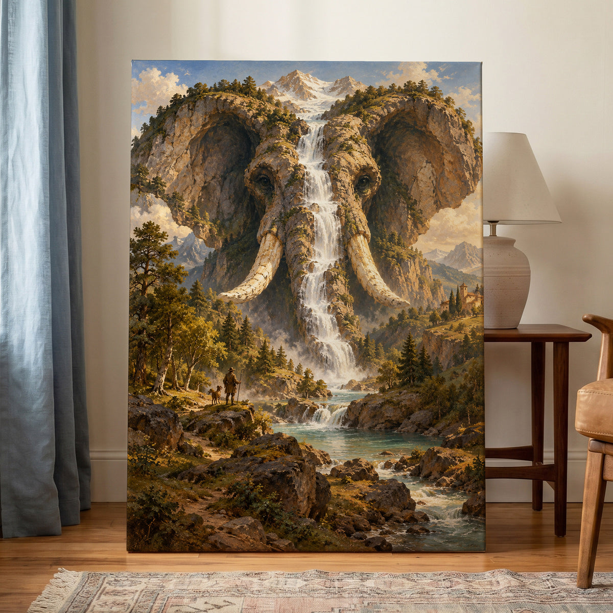 The Elephant Cascade, brown, green, blue nature wall art on canvas displayed in a styled interior, gallery view 2