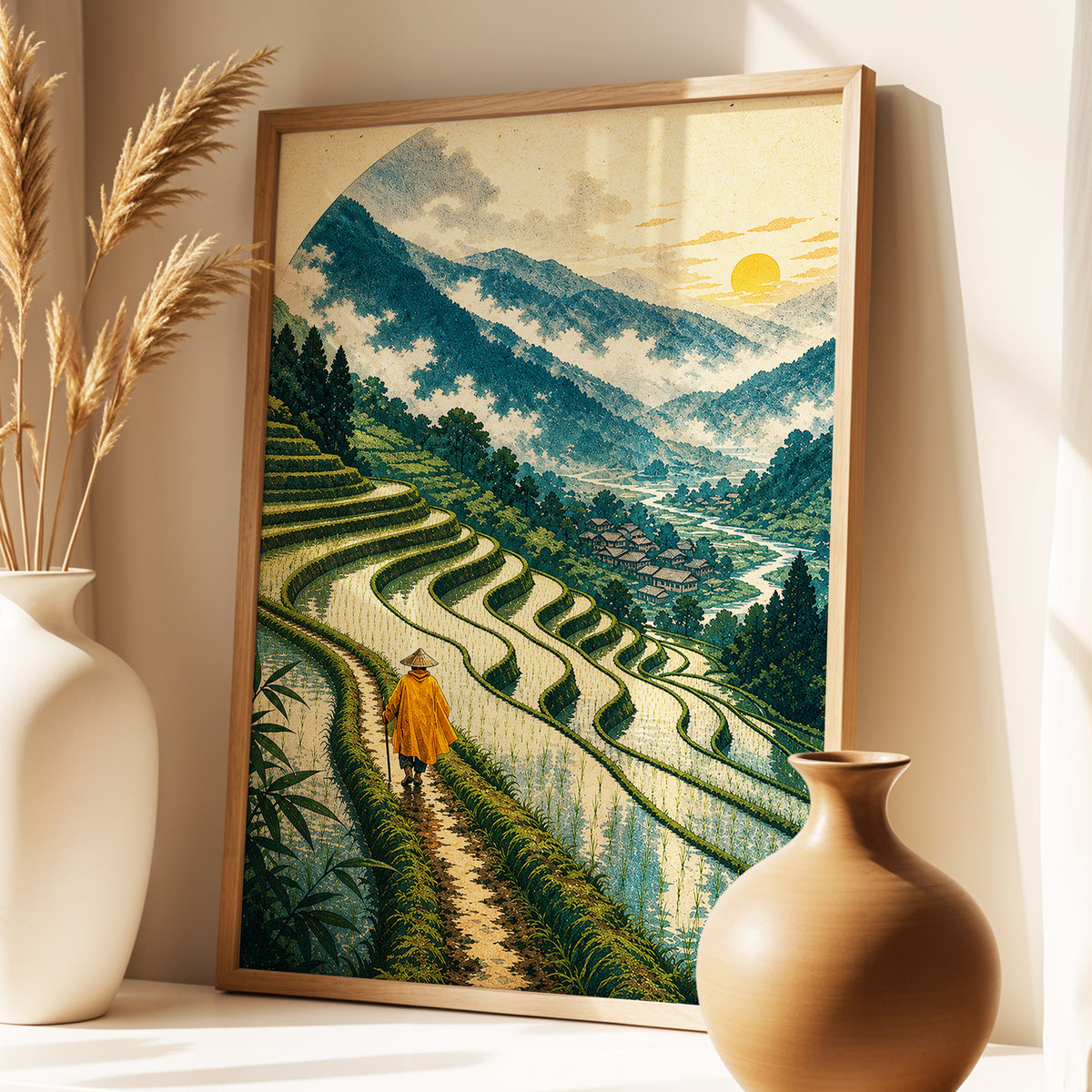 The Golden Terrace Path, green, blue, beige nature wall art displayed in a styled interior, gallery view 9