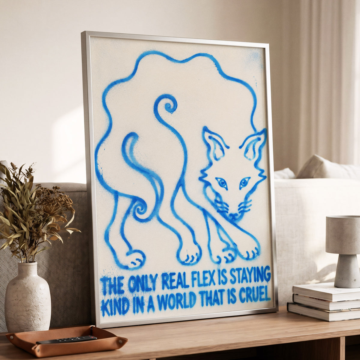 The Kindness Flex, blue, beige, white minimalist wall art displayed in a styled interior, gallery view 9