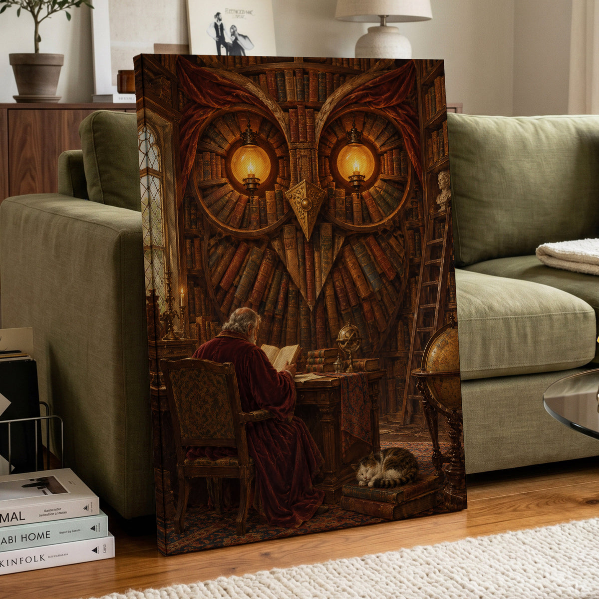 The Lamplit Owl Library, brown, gold, red abstract wall art on canvas displayed in a styled interior, gallery view 2