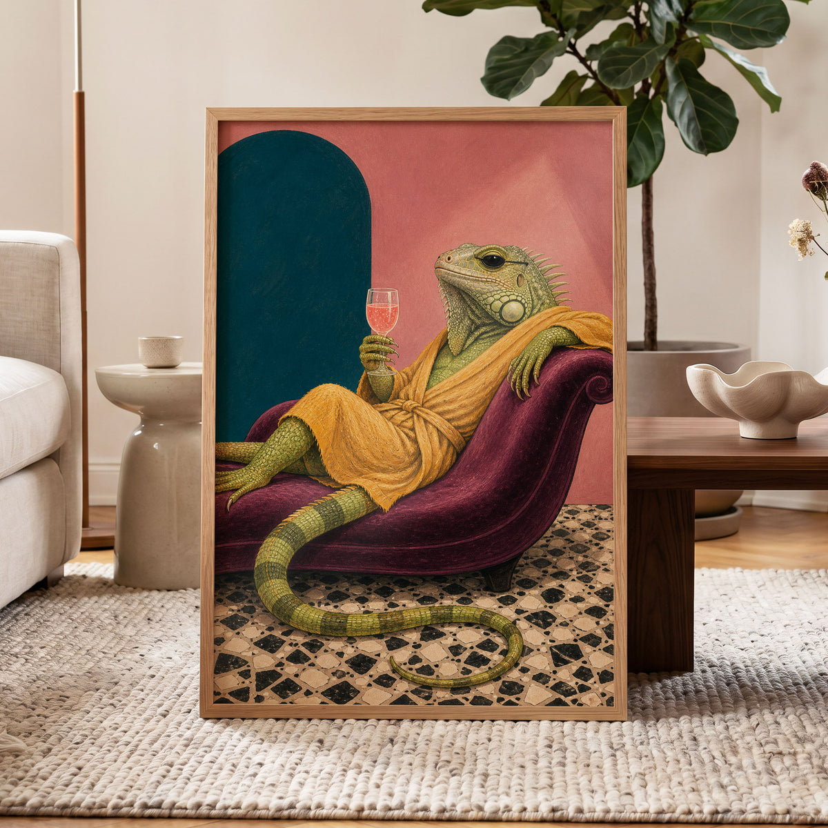 The Leisurely Iguana, green, gold, pink abstract wall art displayed in a styled interior, gallery view 9