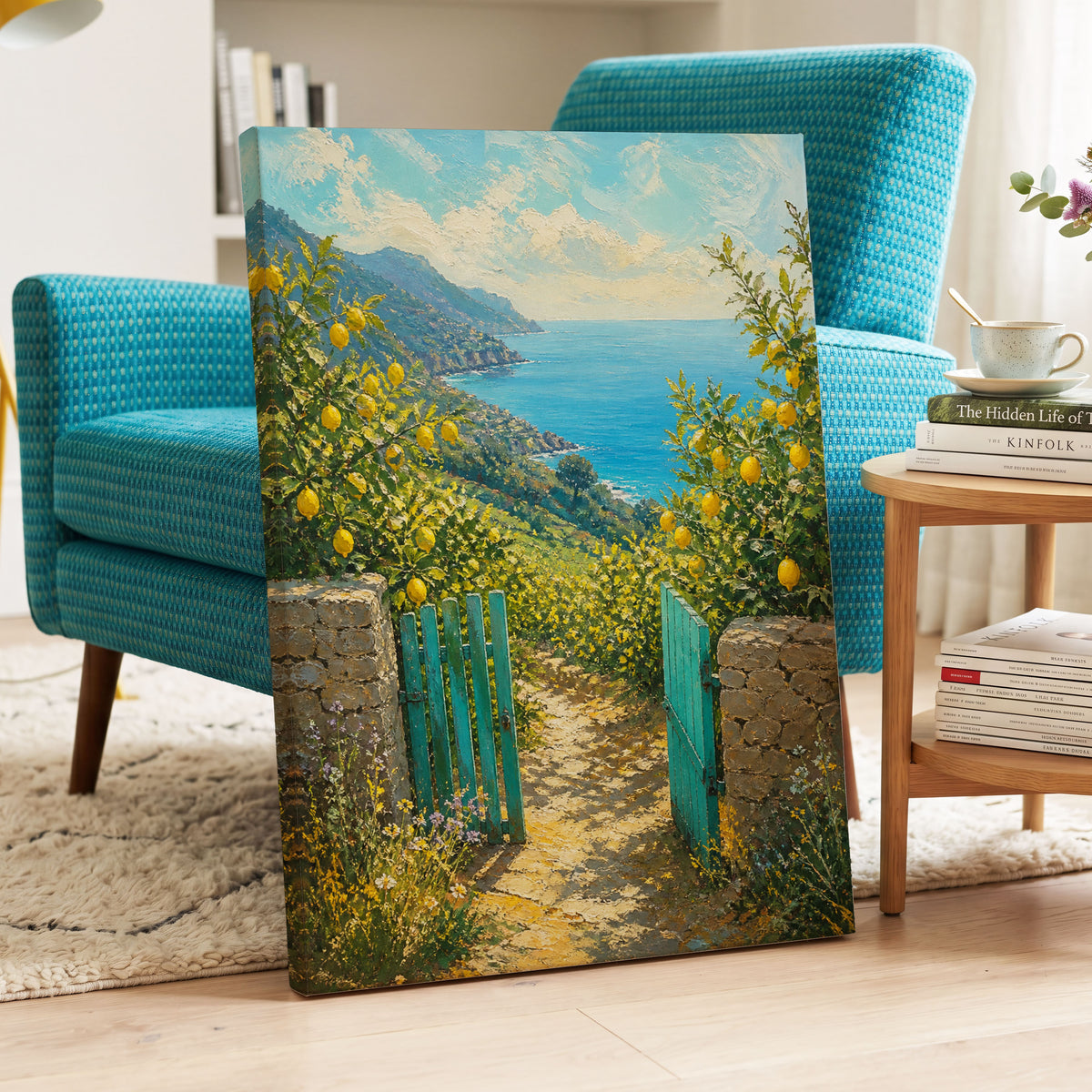 The Lemon Gate, blue, green, yellow nature wall art on canvas displayed in a styled interior, gallery view 2