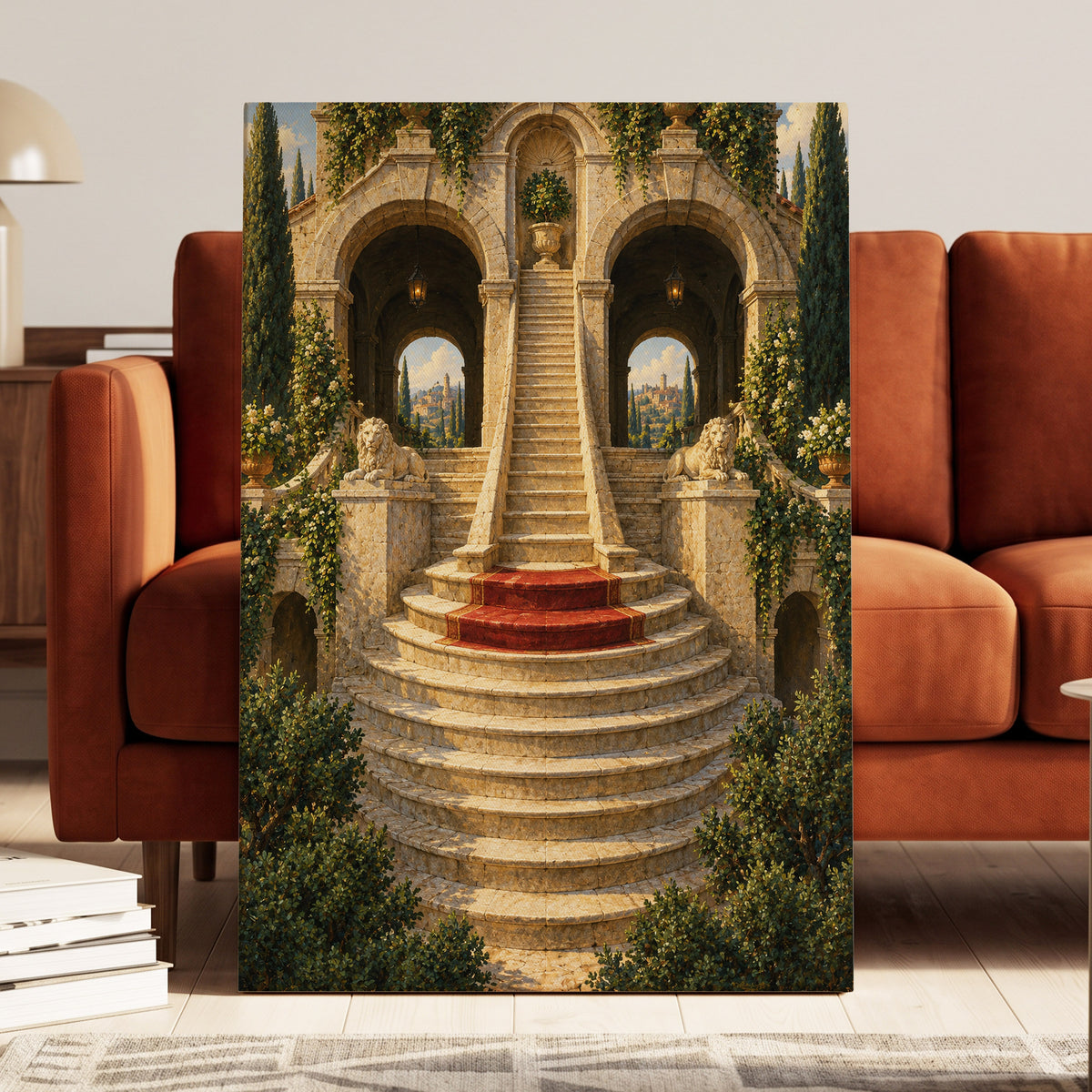 The Lion Stairway, beige, green, brown minimalist wall art on canvas displayed in a styled interior, gallery view 2