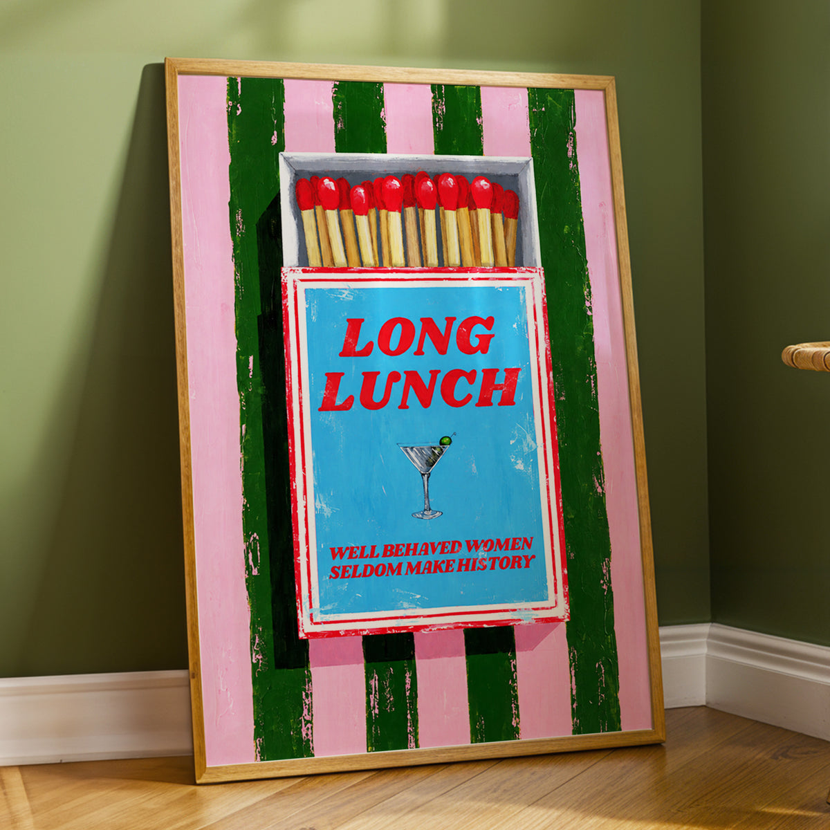 The Long Lunch Matchbox, pink, green, blue abstract wall art displayed in a styled interior, gallery view 9