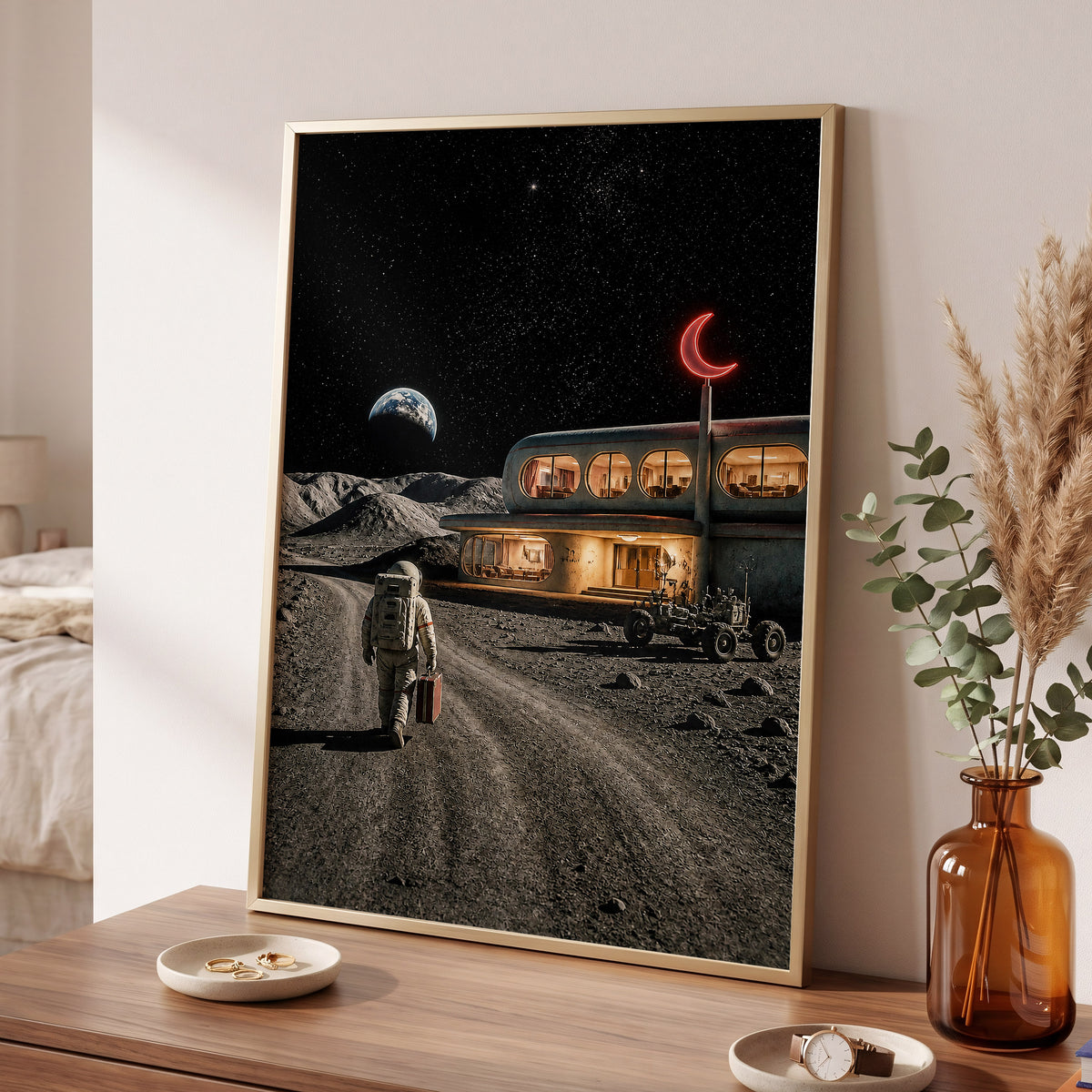 The Lunar Check-In, black, gray, beige minimalist wall art displayed in a styled interior, gallery view 9