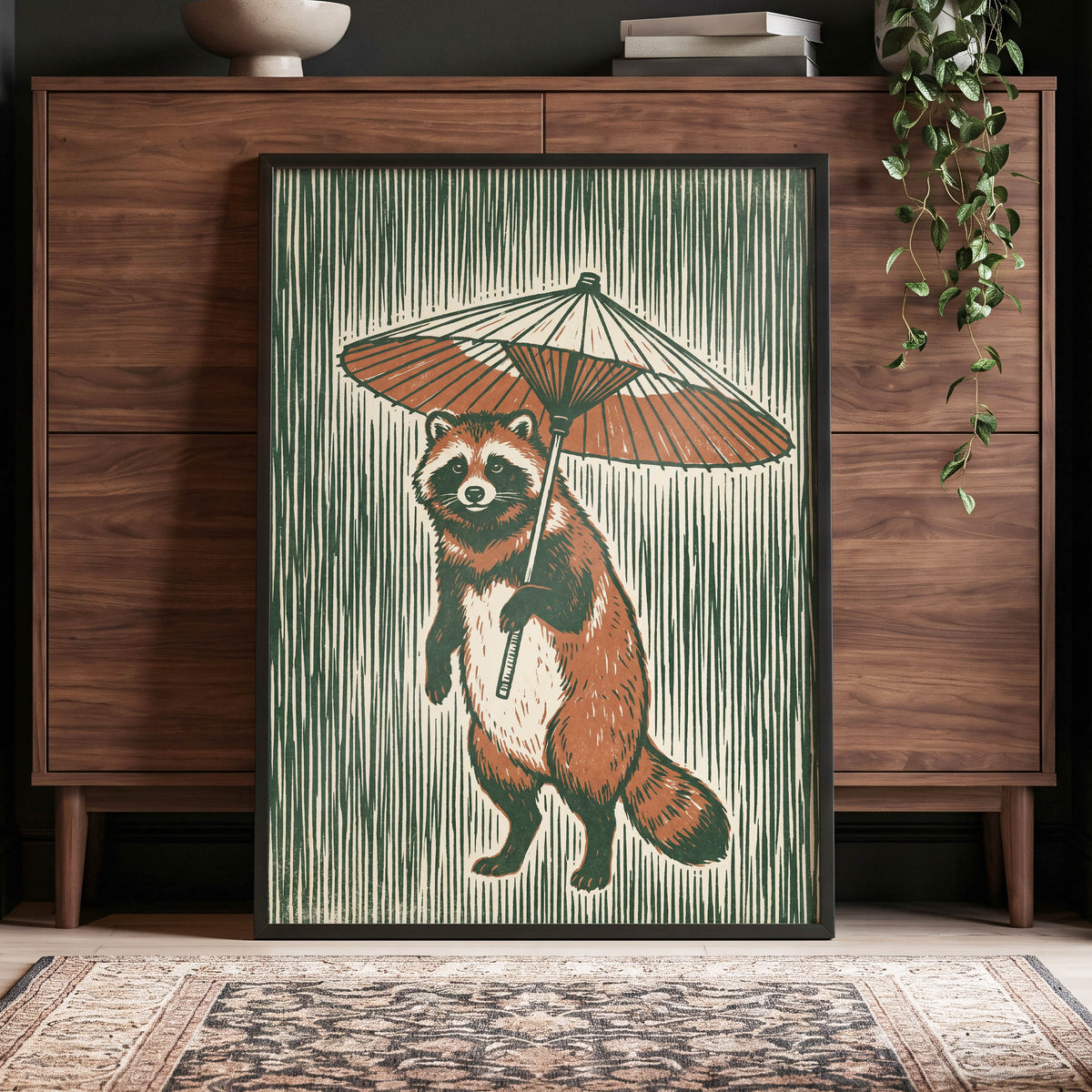 The Parasol Keeper, green, beige, brown nature wall art displayed in a styled interior, gallery view 9