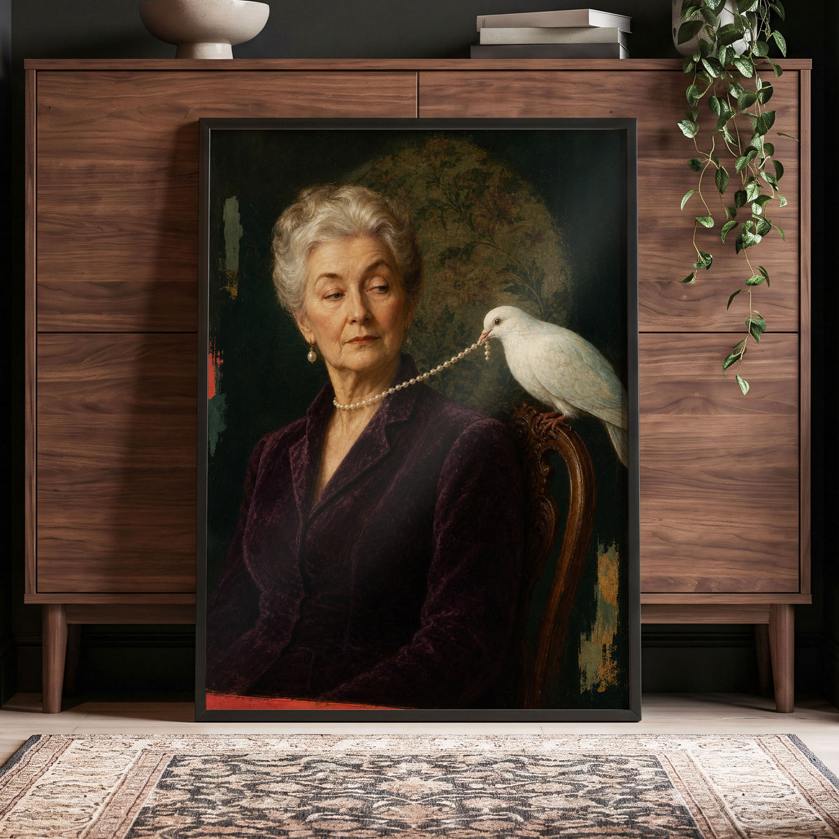 The Pearl Thief, green, purple, white abstract wall art displayed in a styled interior, gallery view 9