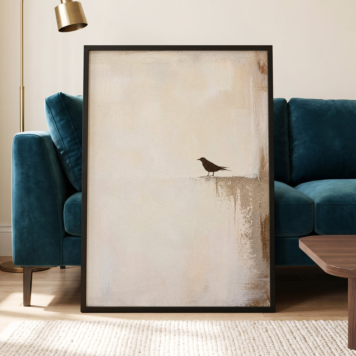 The Quiet Perch, beige, white, gray nature wall art displayed in a styled interior, gallery view 9