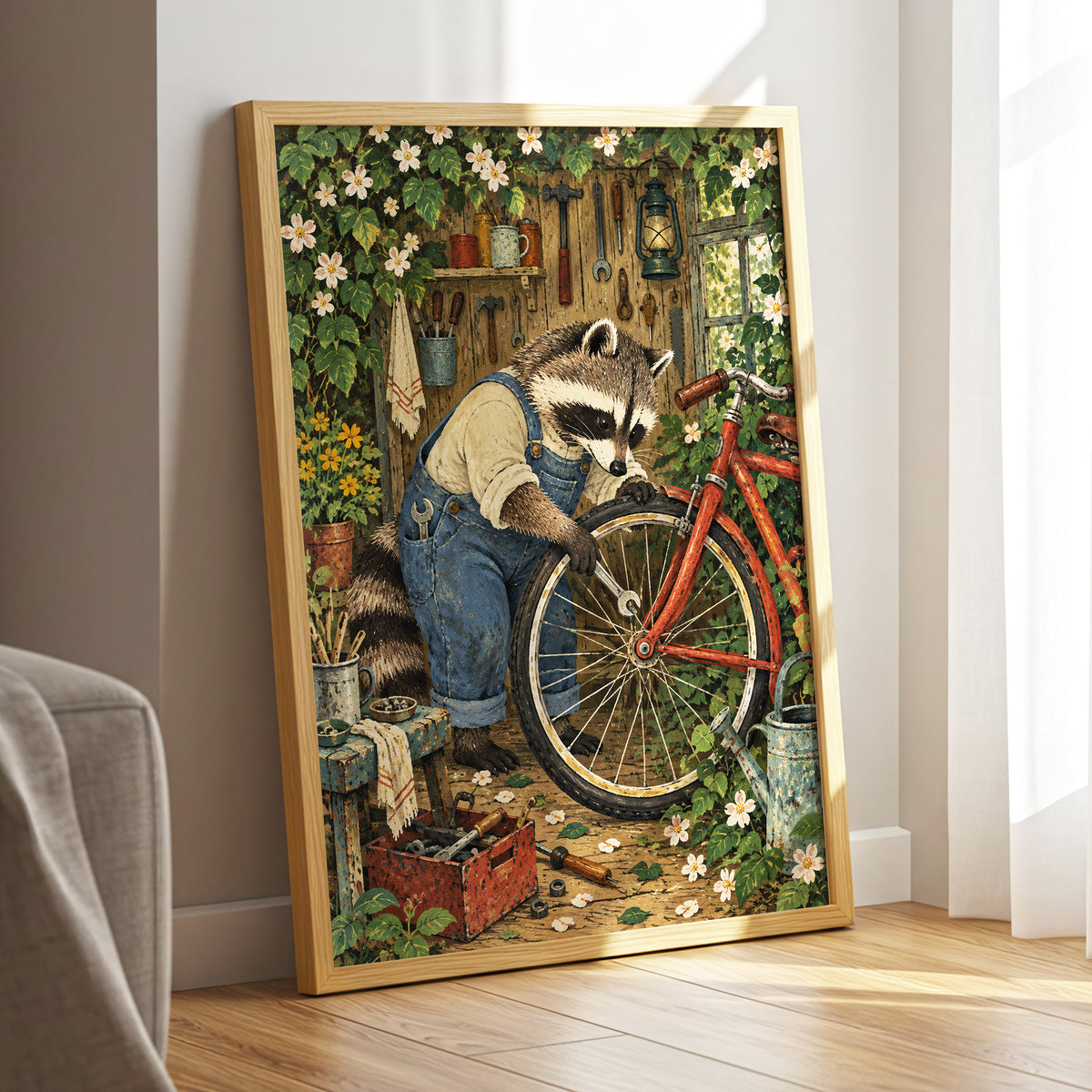 The Raccoon Repair Shop, green, blue, brown nature wall art displayed in a styled interior, gallery view 9
