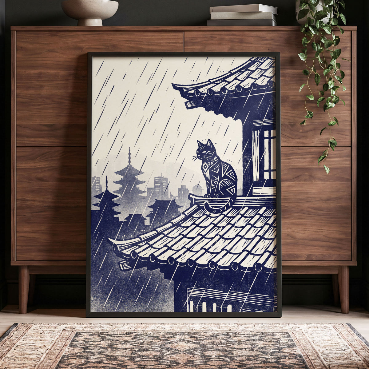 The Rooftop Rainwatcher, blue, beige, gray minimalist wall art displayed in a styled interior, gallery view 9
