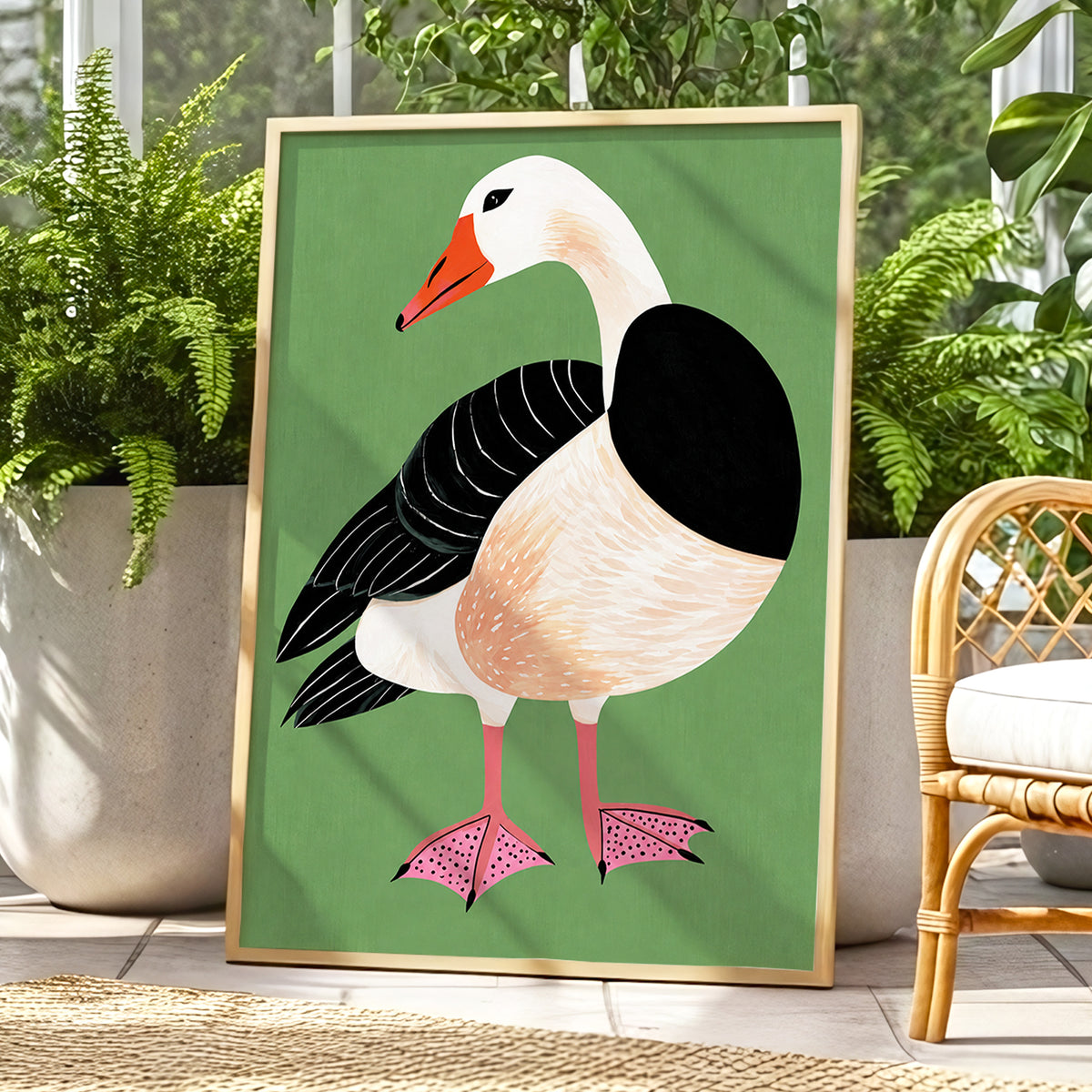 The Sage Goose, green, black, white nature wall art displayed in a styled interior, gallery view 9