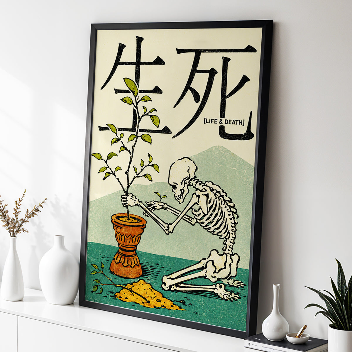 The Skeleton Gardener, beige, black, green nature wall art displayed in a styled interior, gallery view 9