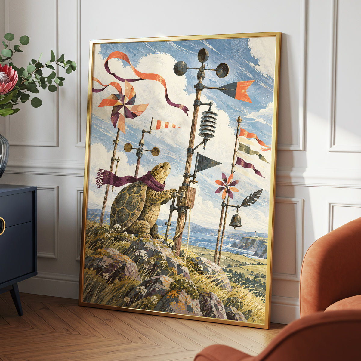 The Tortoise Windkeeper, blue, beige, green nature wall art displayed in a styled interior, gallery view 9