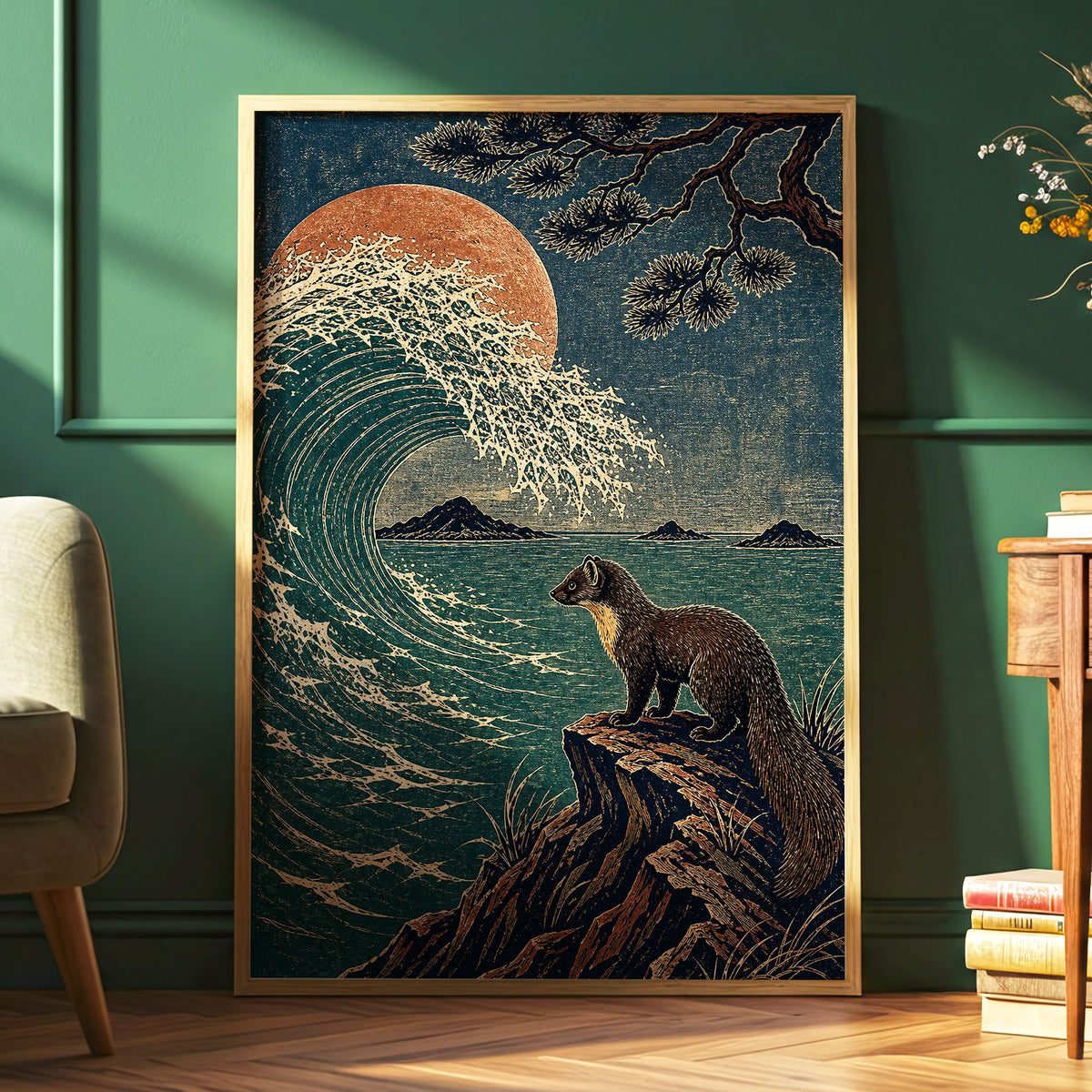 The Wave Watcher, blue, green, beige nature wall art displayed in a styled interior, gallery view 9