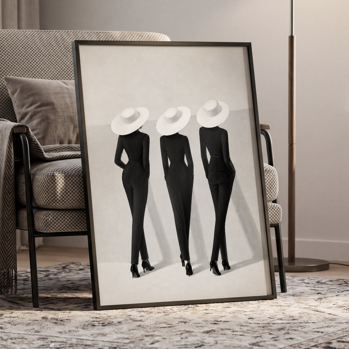 The White Hat Trio, black, white, gray minimalist wall art displayed in a styled interior, gallery view 9