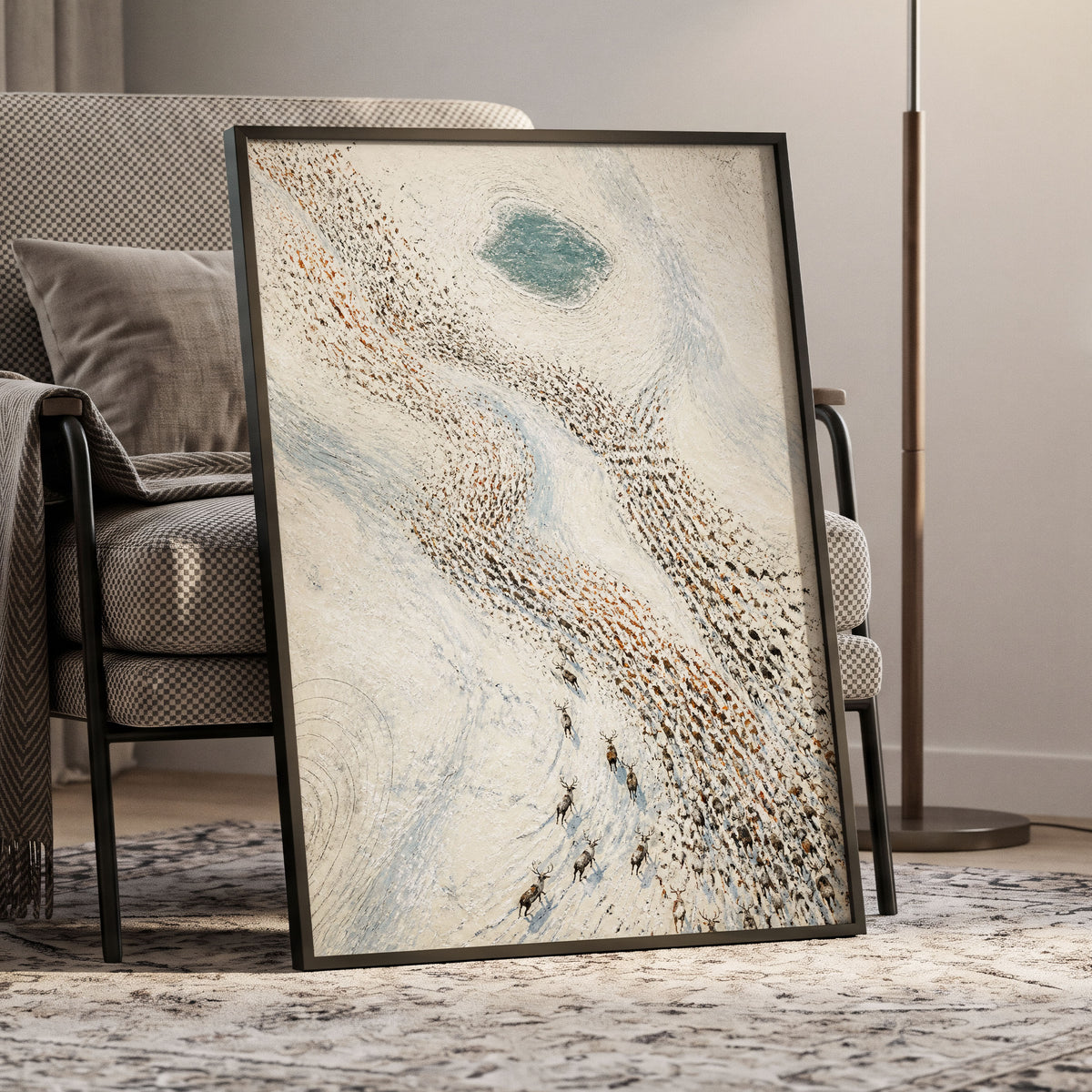 The Winter Procession, white, beige, blue nature wall art displayed in a styled interior, gallery view 9