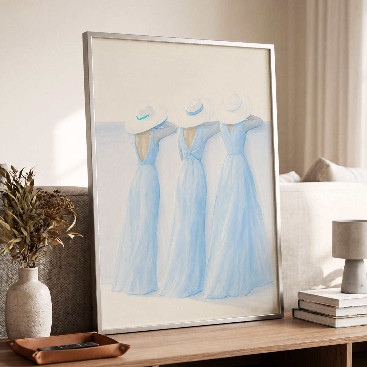 Three in Summer Blue, blue, white, beige minimalist wall art displayed in a styled interior, gallery view 9