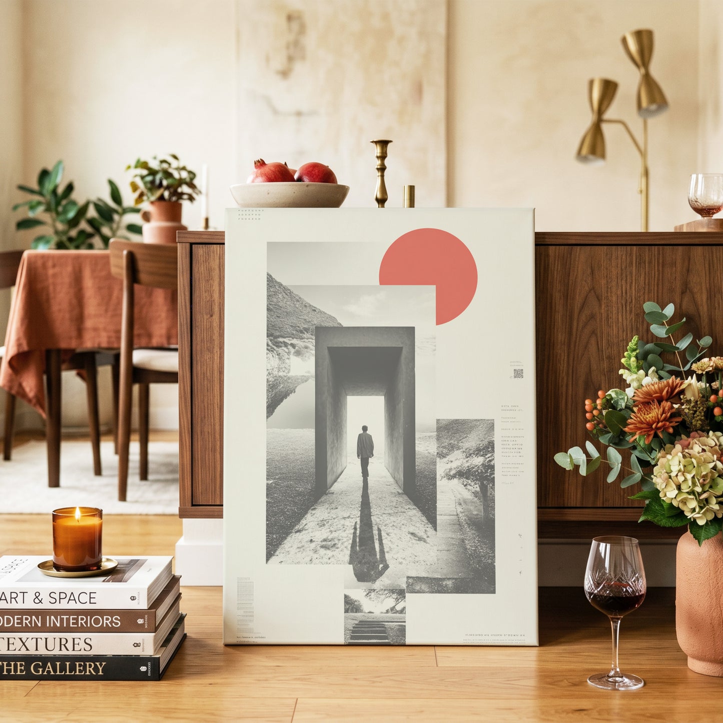 Threshold of Stillness, beige, black, gray minimalist wall art on canvas displayed in a styled interior, gallery view 2