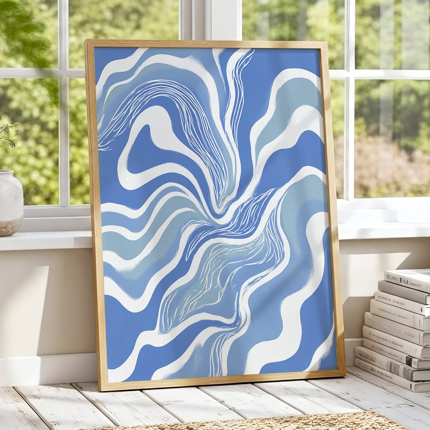 Tidal Ribbons, blue, white, gray abstract wall art displayed in a styled interior, gallery view 9
