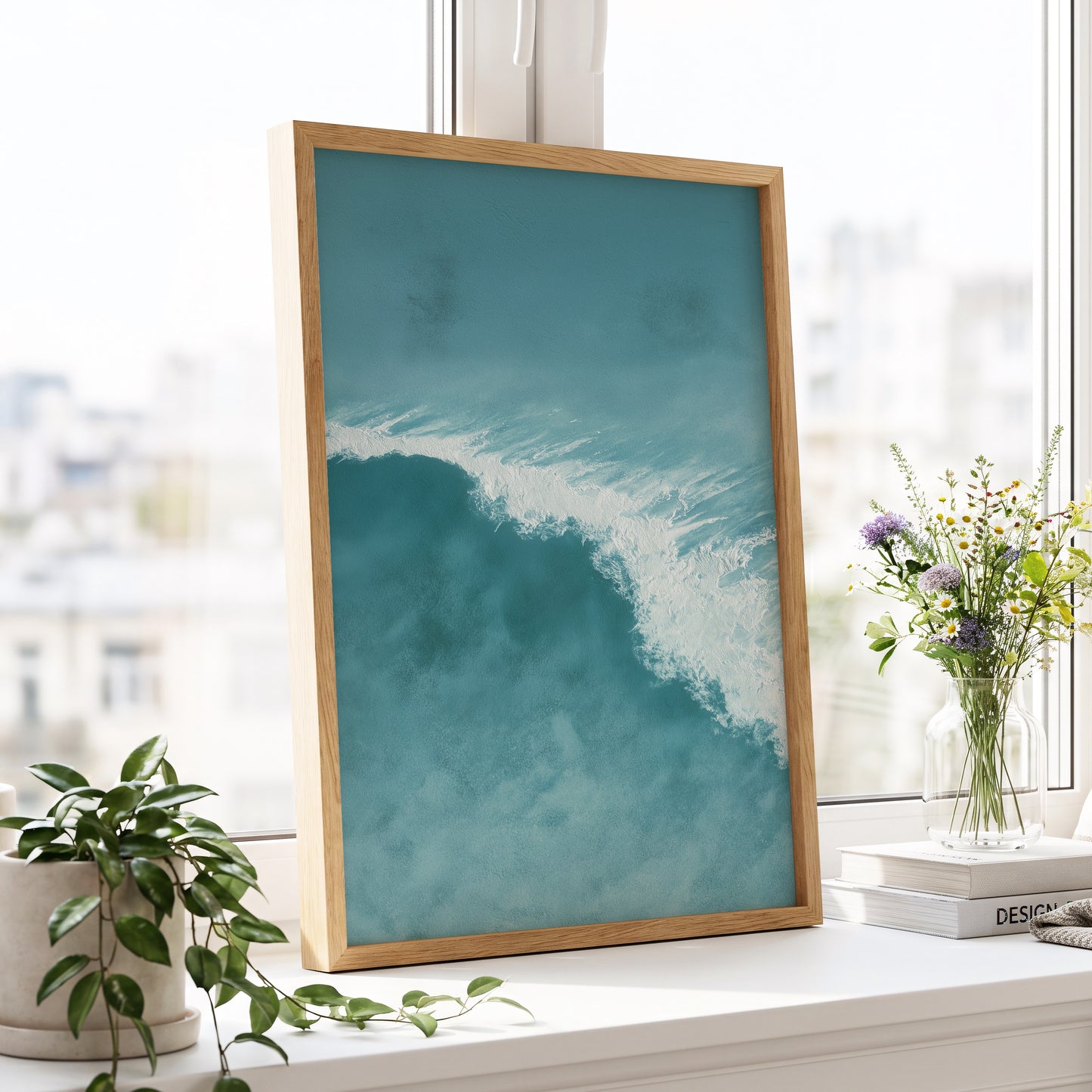 Tidal Silence, blue, white, gray nature wall art displayed in a styled interior, gallery view 9