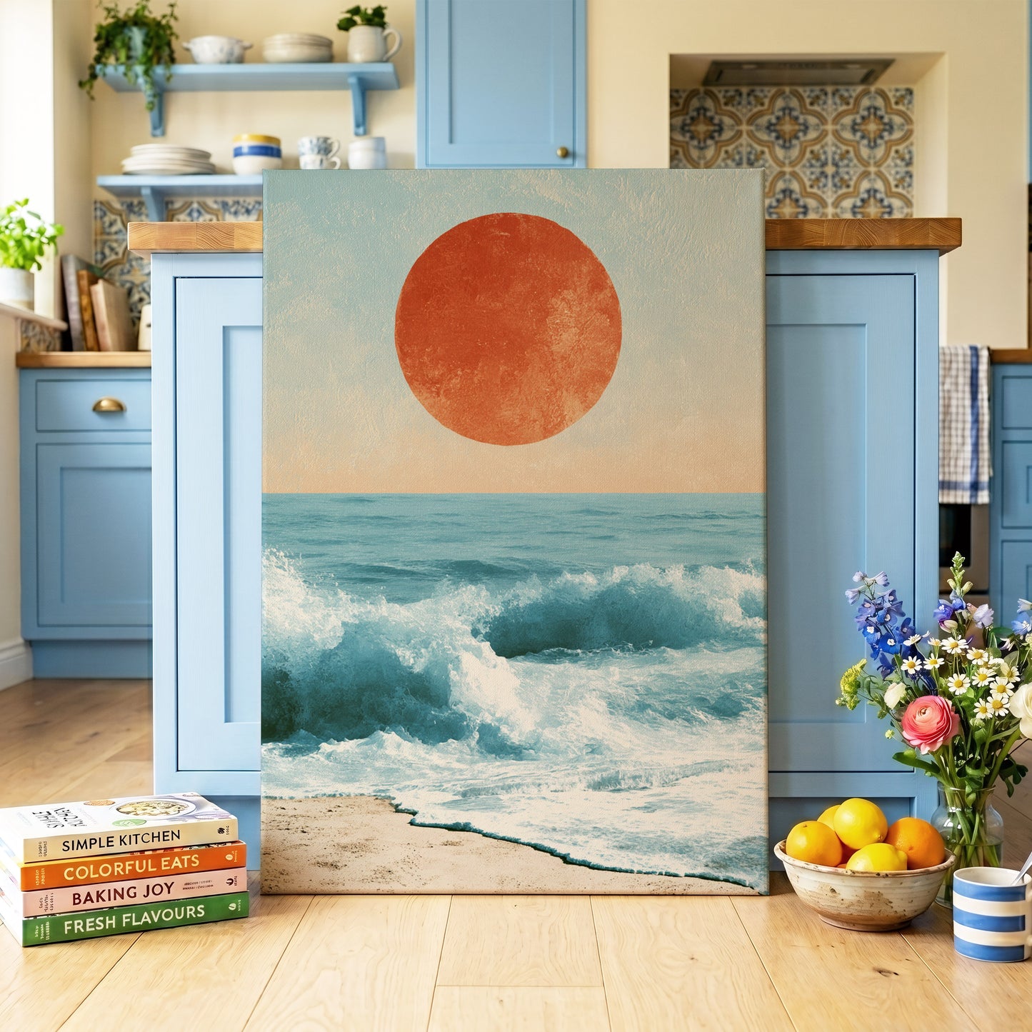 Tidal Sun, blue, white, beige nature wall art on canvas displayed in a styled interior, gallery view 2