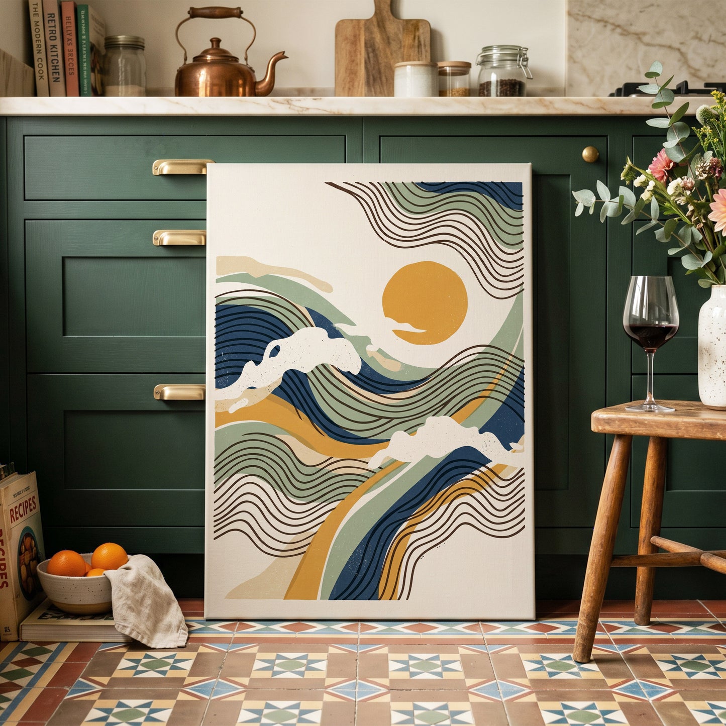 Tidal Sunlines, blue, green, gold nature wall art on canvas displayed in a styled interior, gallery view 2