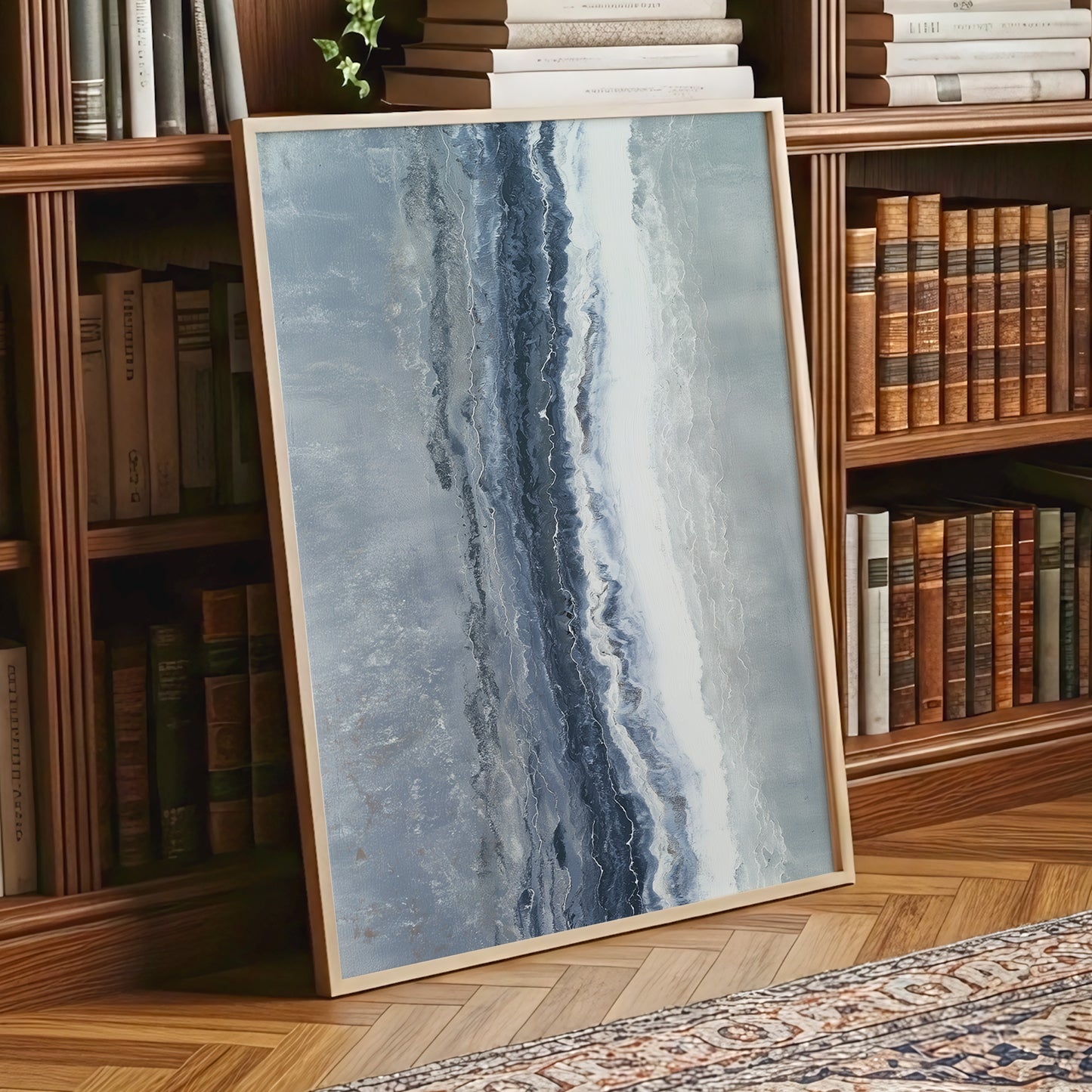 Tidal Veil, blue, gray, white abstract wall art displayed in a styled interior, gallery view 9