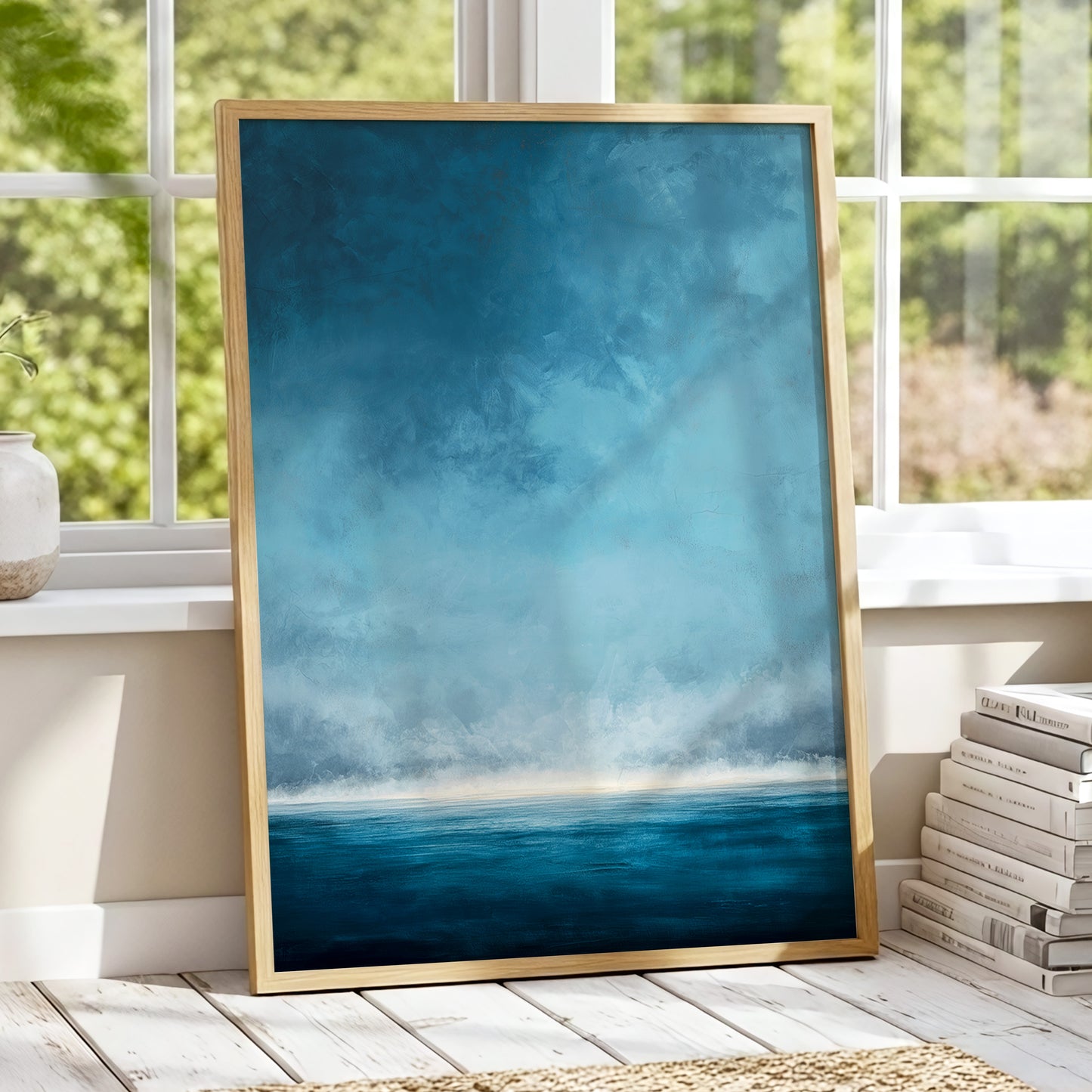 Tide Beyond Silence, blue, white, gray nature wall art displayed in a styled interior, gallery view 9