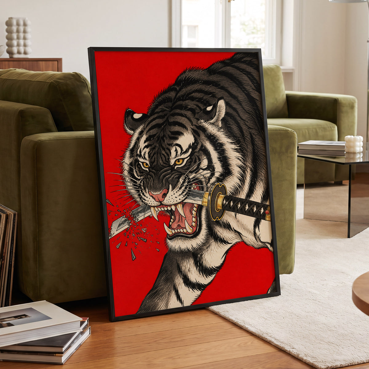 Tiger's Edge, red, black, beige nature wall art displayed in a styled interior, gallery view 9
