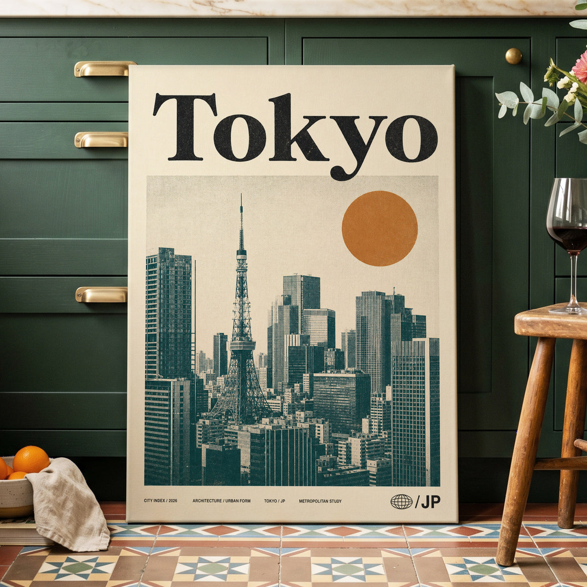 Tokyo Metropolis, black, beige, brown minimalist wall art on canvas displayed in a styled interior, gallery view 2