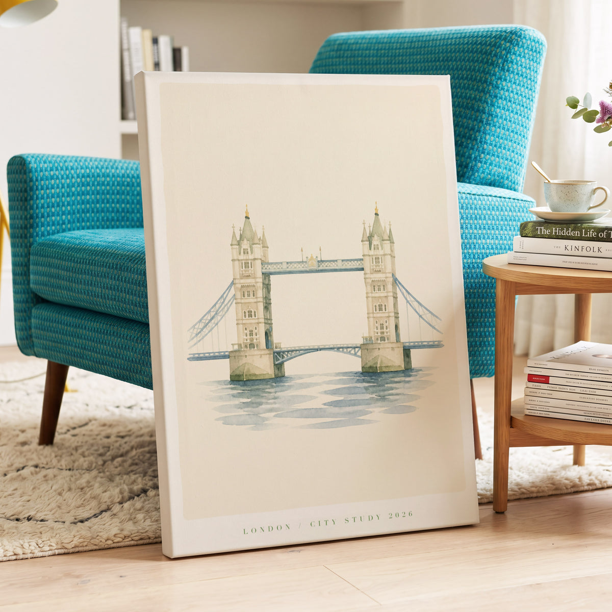 Tower Bridge Reverie, beige, blue, green minimalist wall art on canvas displayed in a styled interior, gallery view 2