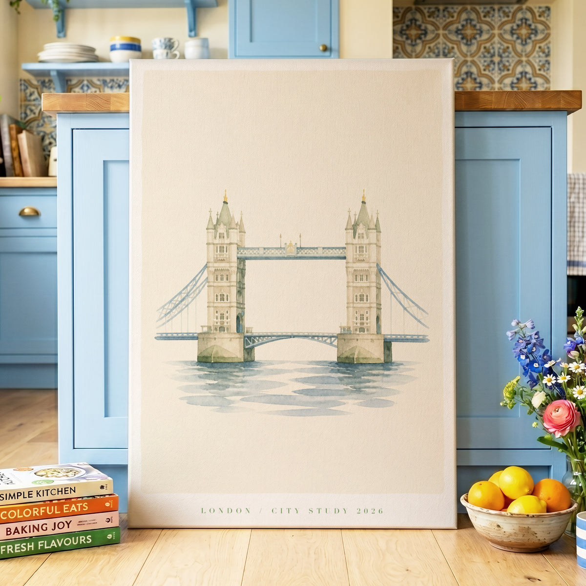 Tower Bridge Stillness, beige, blue, green minimalist wall art on canvas displayed in a styled interior, gallery view 2