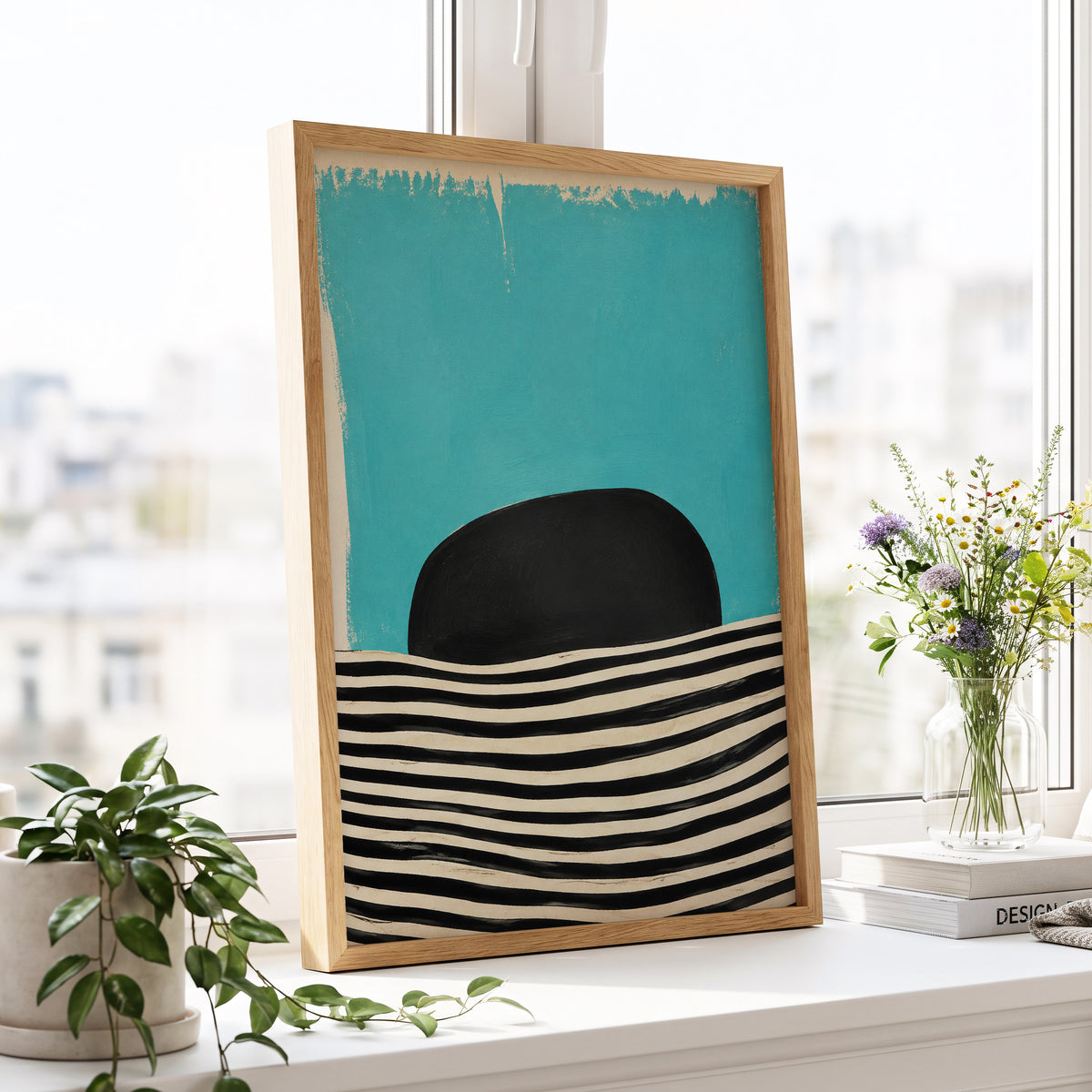 Turquoise Rhythm, blue, black, beige abstract wall art displayed in a styled interior, gallery view 9