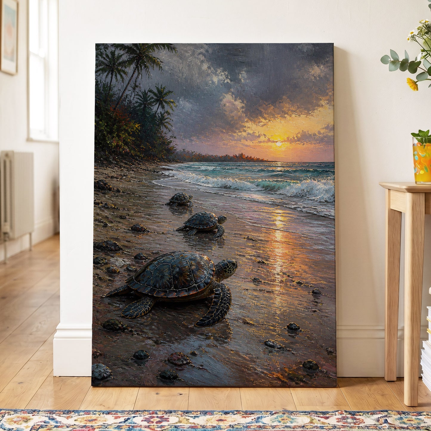 Turtles at Golden Tide, blue, brown, gold nature wall art on canvas displayed in a styled interior, gallery view 2