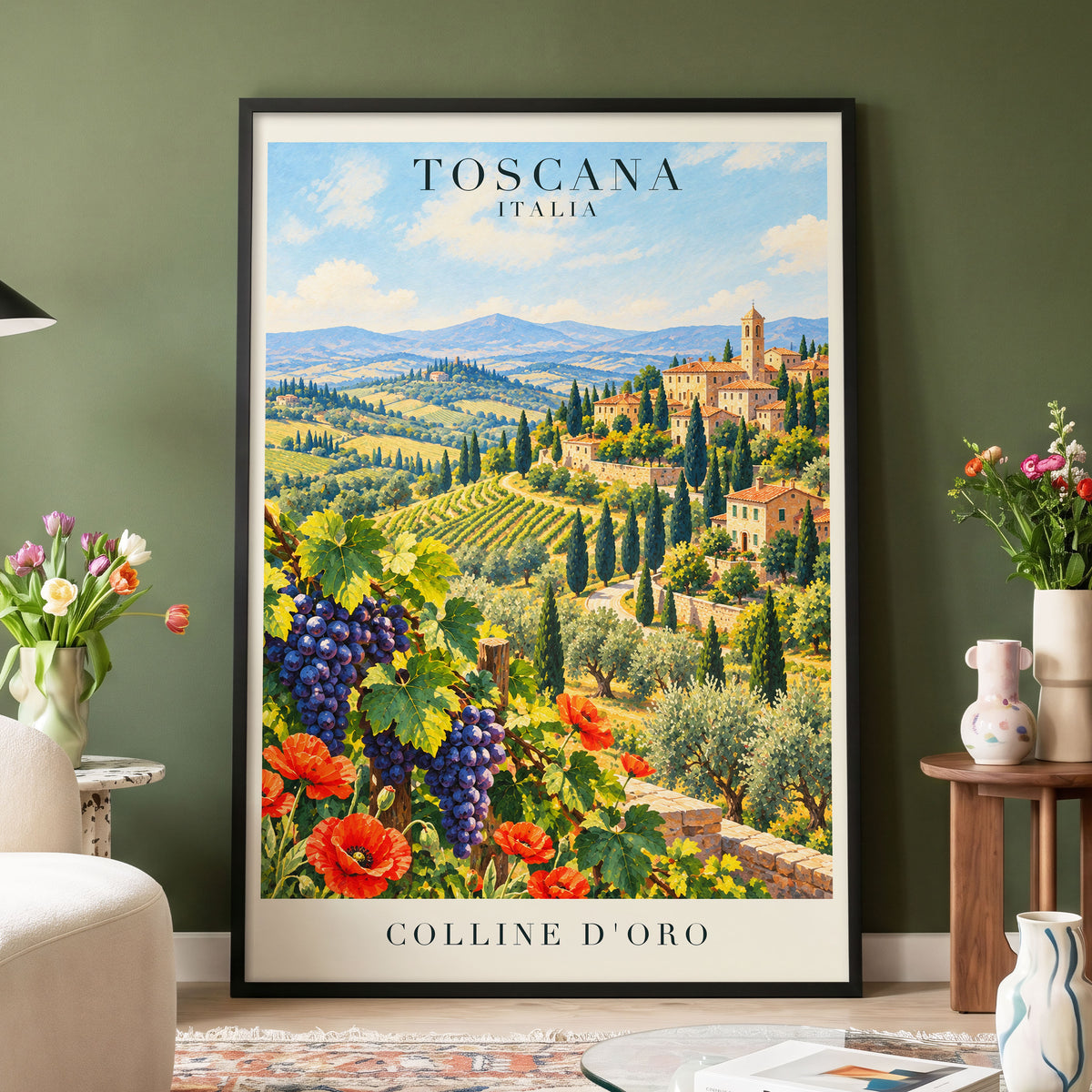 Tuscan Golden Hills, green, blue, beige nature wall art displayed in a styled interior, gallery view 9
