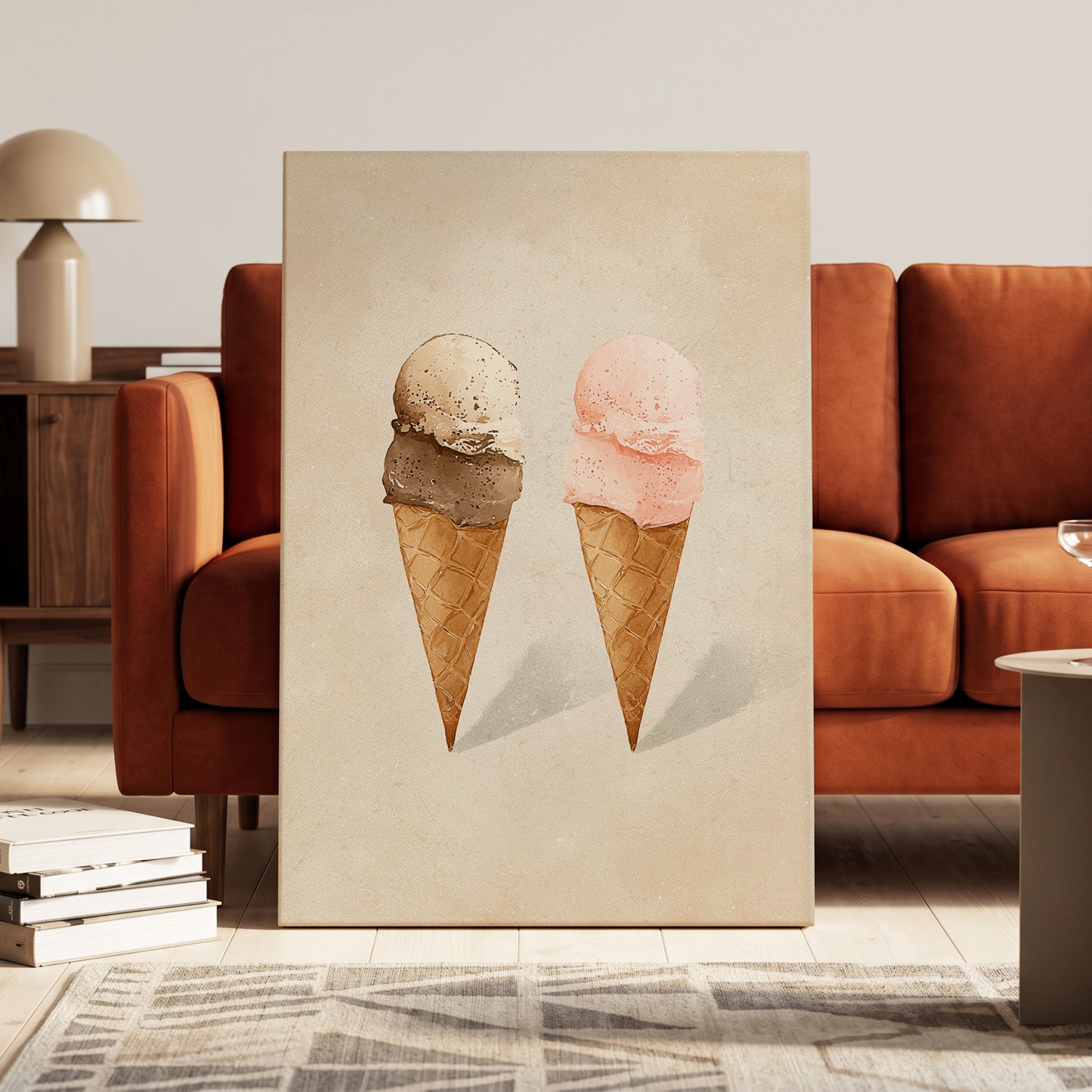 Two Scoops, Side by Side, beige, pink, brown minimalist wall art on canvas displayed in a styled interior, gallery view 2