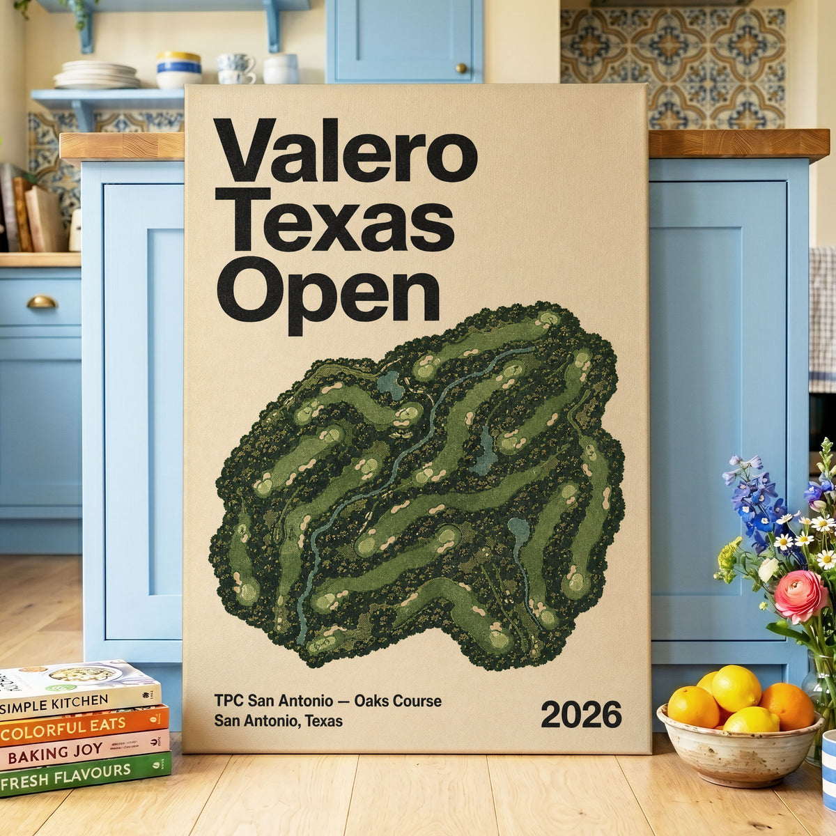 Valero Fairways, green, beige, black nature wall art on canvas displayed in a styled interior, gallery view 2