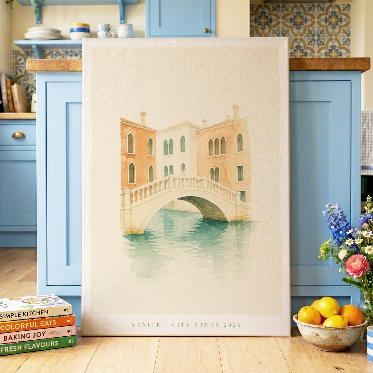 Venetian Quiet, beige, orange, green minimalist wall art on canvas displayed in a styled interior, gallery view 2