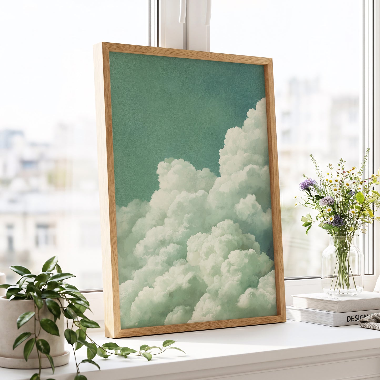 Verdant Cloudscape, green, white, blue nature wall art displayed in a styled interior, gallery view 9