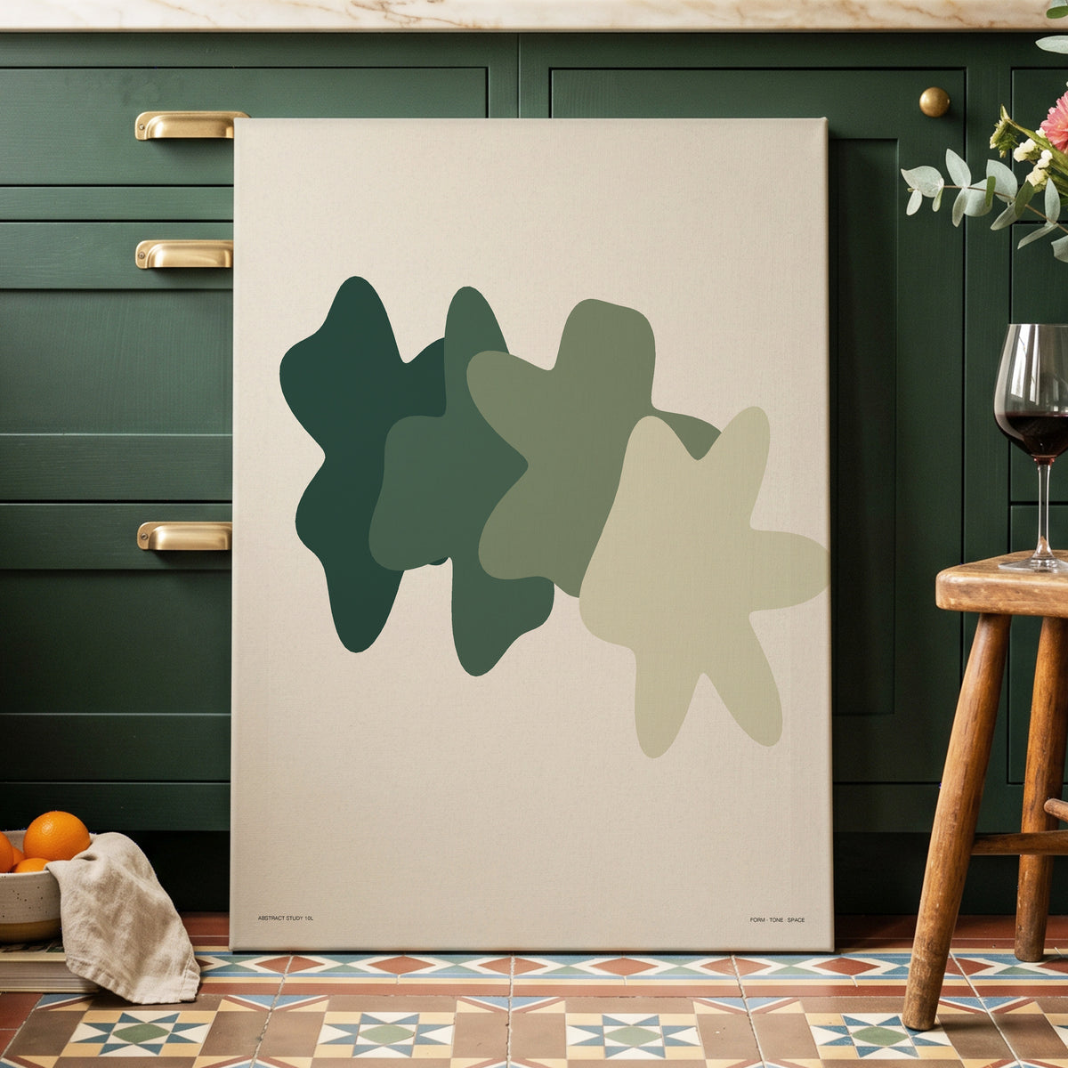 Verdant Form Study, green, beige abstract wall art on canvas displayed in a styled interior, gallery view 2