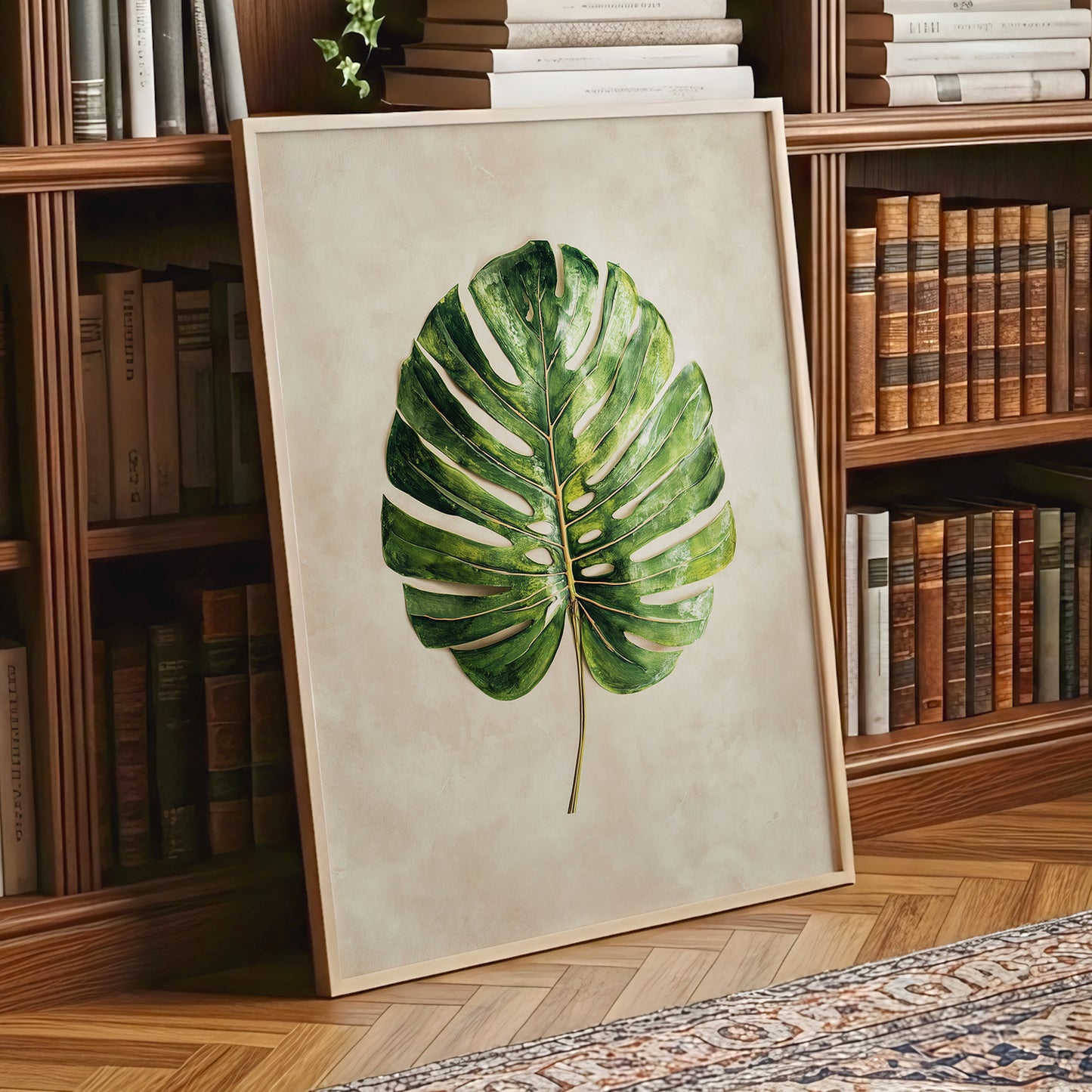 Verdant Monstera, green, beige, brown nature wall art displayed in a styled interior, gallery view 9