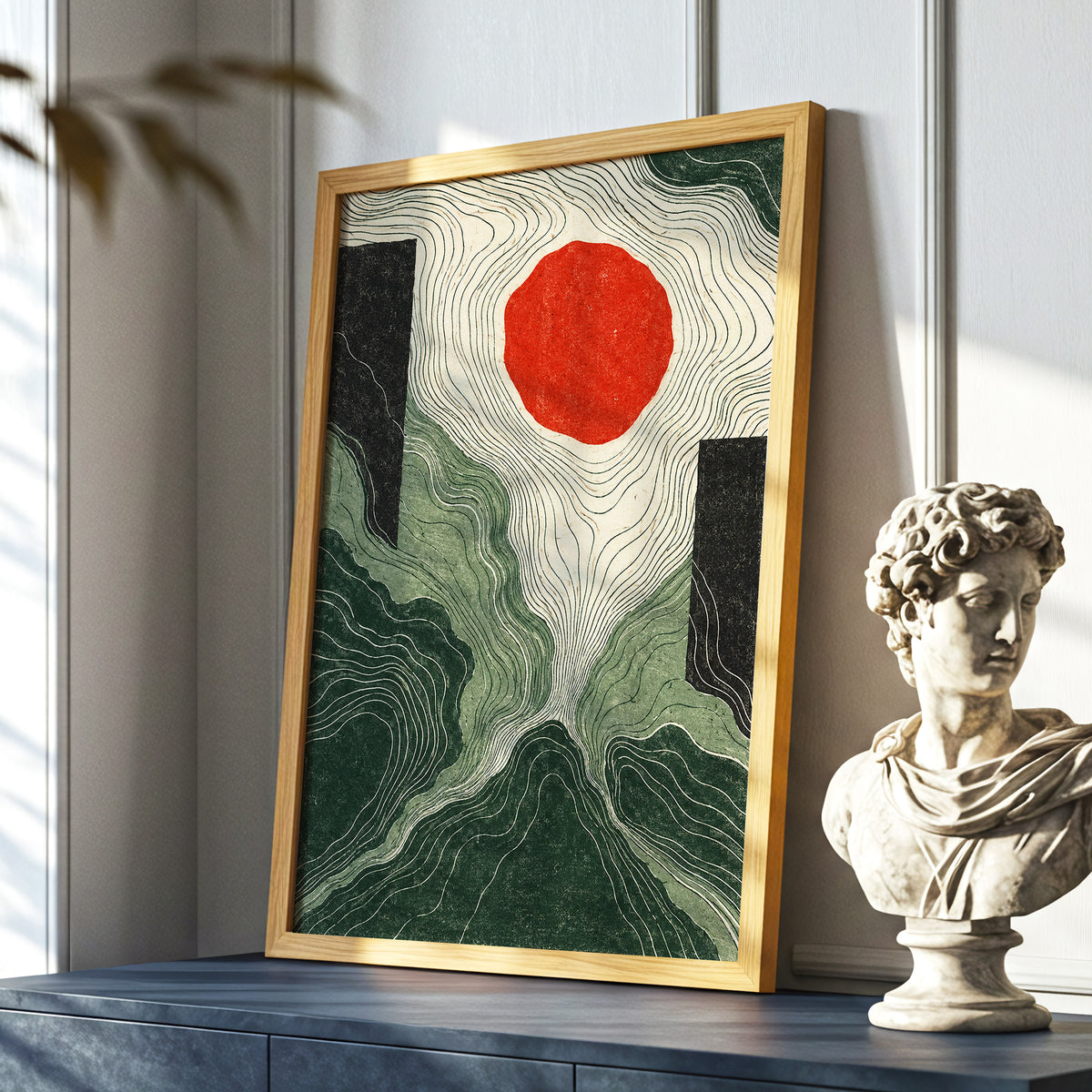 Vermilion Contours, green, beige, red abstract wall art displayed in a styled interior, gallery view 9