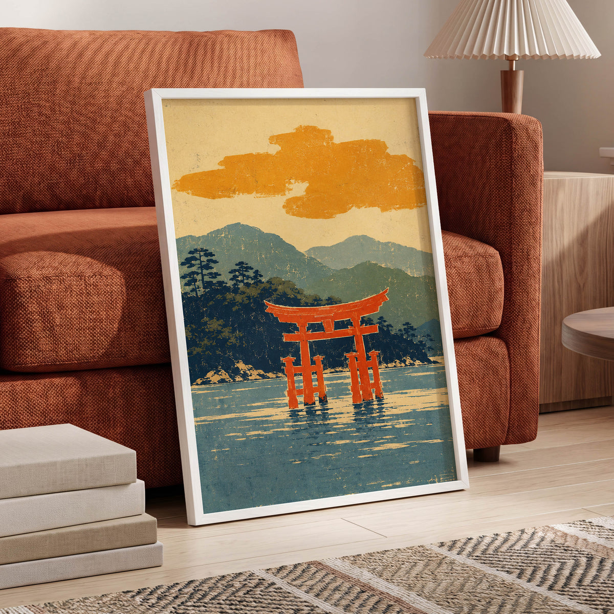 Vermilion Tide, red, orange, blue nature wall art displayed in a styled interior, gallery view 9