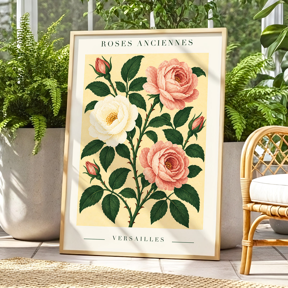 Versailles Rose Reverie, pink, green, beige floral wall art displayed in a styled interior, gallery view 9